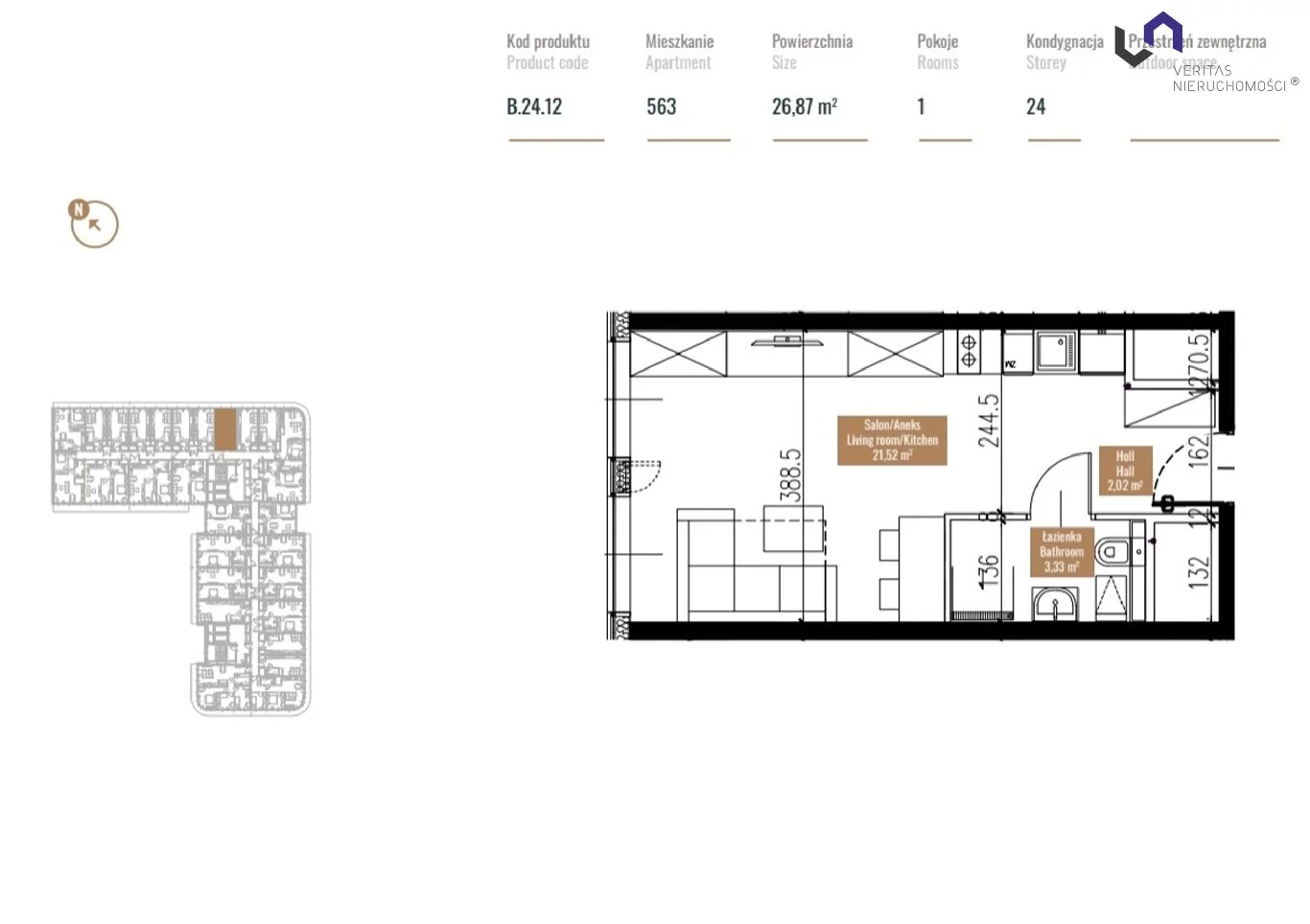 1 pokój, mieszkanie 27,09 m², piętro 24, oferta nr , VTS-MS-6307, Katowice, Śródmieście, Zabrska