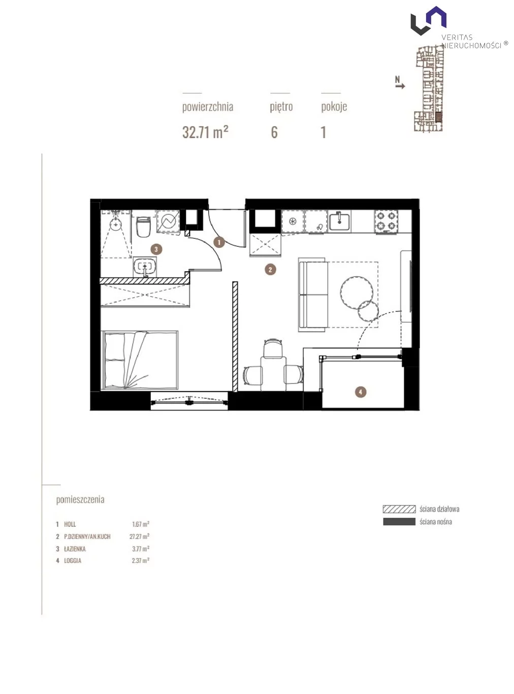 Mieszkanie na sprzedaż, 32,71 m², 2 pokoje, 6 piętro, oferta nr VTS-MS-6901