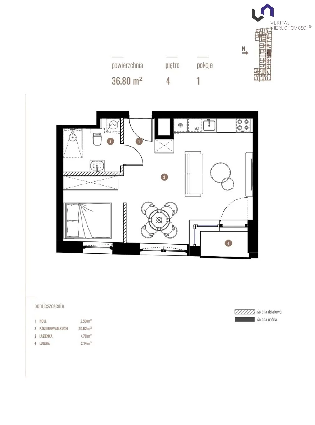 Mieszkanie na sprzedaż, 36,80 m², 2 pokoje, 4 piętro, oferta nr VTS-MS-6902