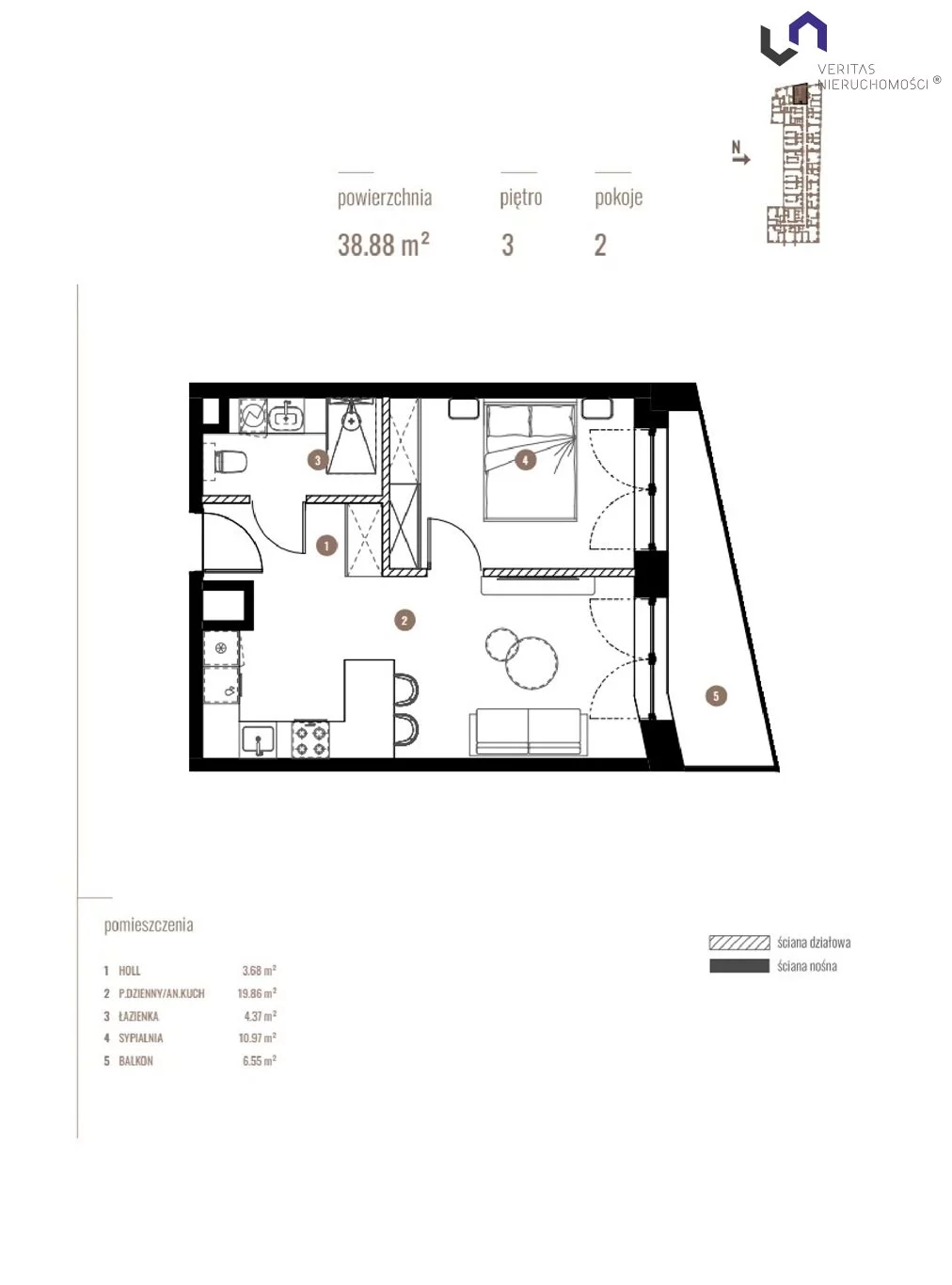 Mieszkanie na sprzedaż, 38,88 m², 2 pokoje, 3 piętro, oferta nr VTS-MS-6903