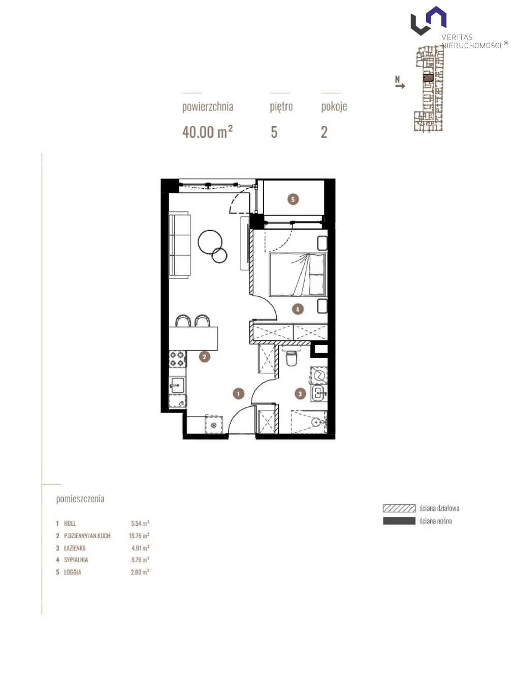 Mieszkanie na sprzedaż, 40,00 m², 2 pokoje, 5 piętro, oferta nr VTS-MS-6904