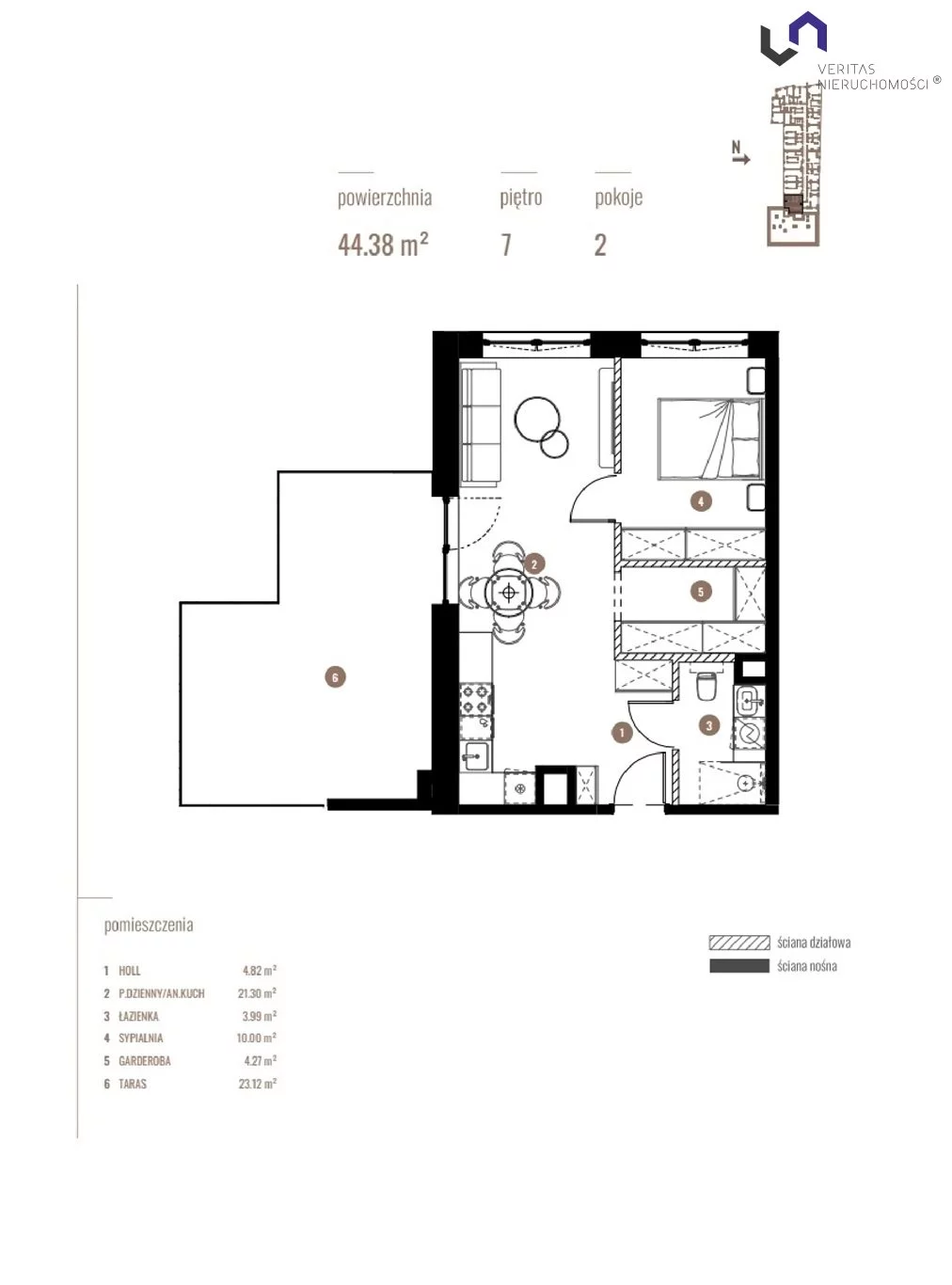 Mieszkanie na sprzedaż, 44,38 m², 2 pokoje, 7 piętro, oferta nr VTS-MS-6907