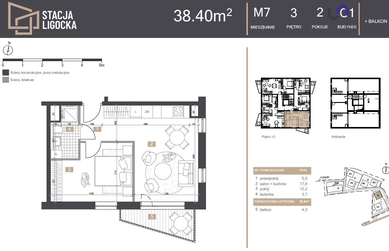 Mieszkanie na sprzedaż, 38,40 m², 2 pokoje, 3 piętro, oferta nr VTS-MS-7047