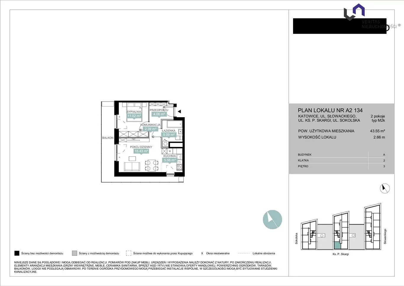 Mieszkanie na sprzedaż, 43,55 m², 2 pokoje, 3 piętro, oferta nr VTS-MS-6943