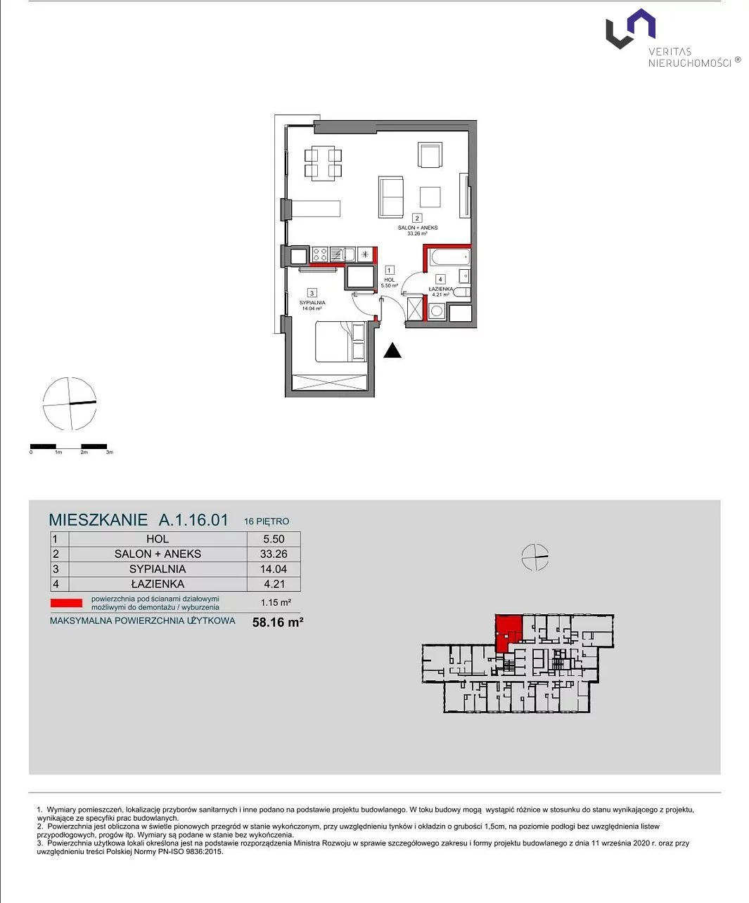 Mieszkanie na sprzedaż, 58,16 m², 2 pokoje, 16 piętro, oferta nr VTS-MS-6736