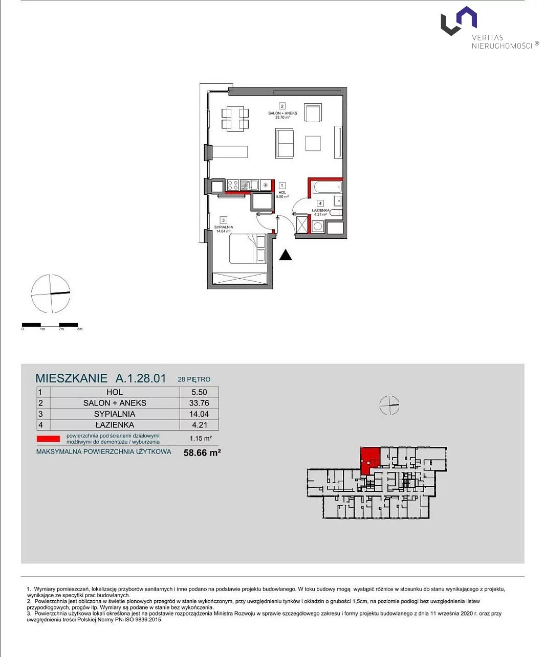 Mieszkanie na sprzedaż, 58,66 m², 2 pokoje, 28 piętro, oferta nr VTS-MS-6737