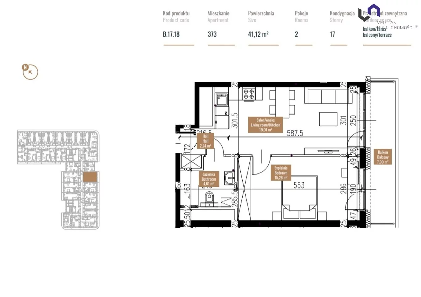 Apartament na sprzedaż, 41,49 m², 2 pokoje, piętro 17, oferta nr VTS-MS-6312