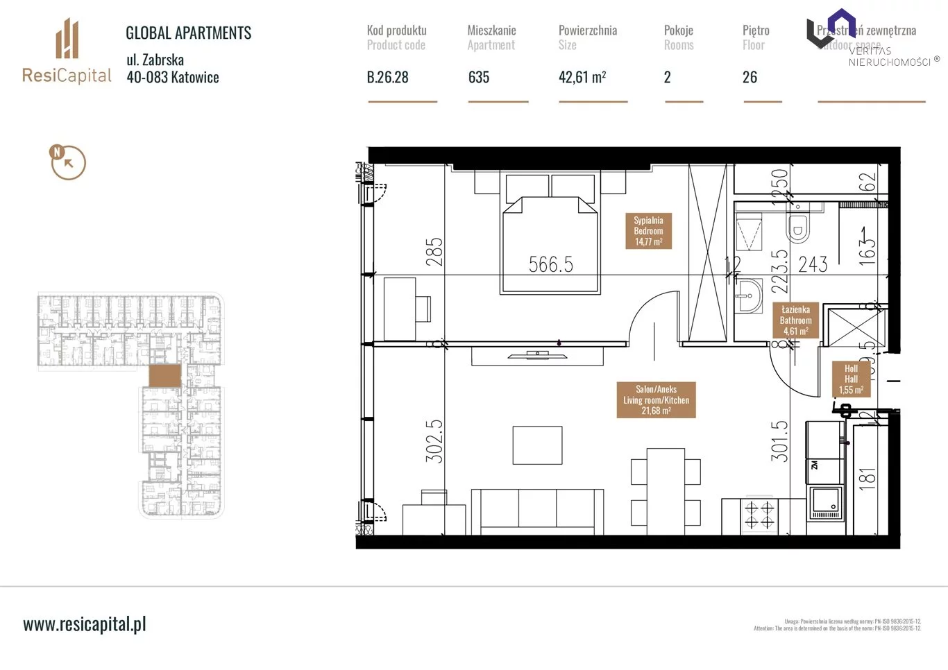 2 pokoje, mieszkanie 43,82 m², piętro 26, oferta nr , VTS-MS-6306, Katowice, Śródmieście, Zabrska
