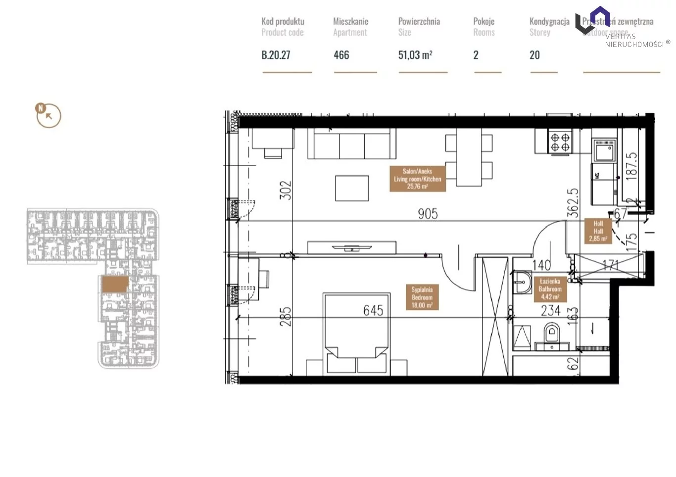 Mieszkanie na sprzedaż, 51,32 m², 2 pokoje, 20 piętro, oferta nr VTS-MS-6317