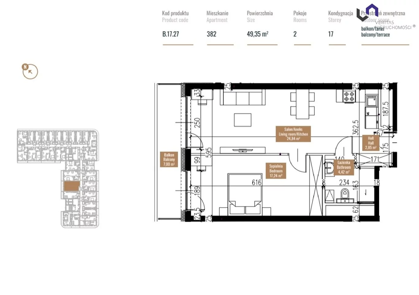 Mieszkanie na sprzedaż, 49,67 m², 2 pokoje, 17 piętro, oferta nr VTS-MS-6316