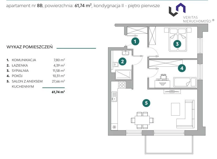 3 pokoje, mieszkanie 61,61 m², piętro 1, oferta nr , VTS-MS-7170, Bielsko-Biała