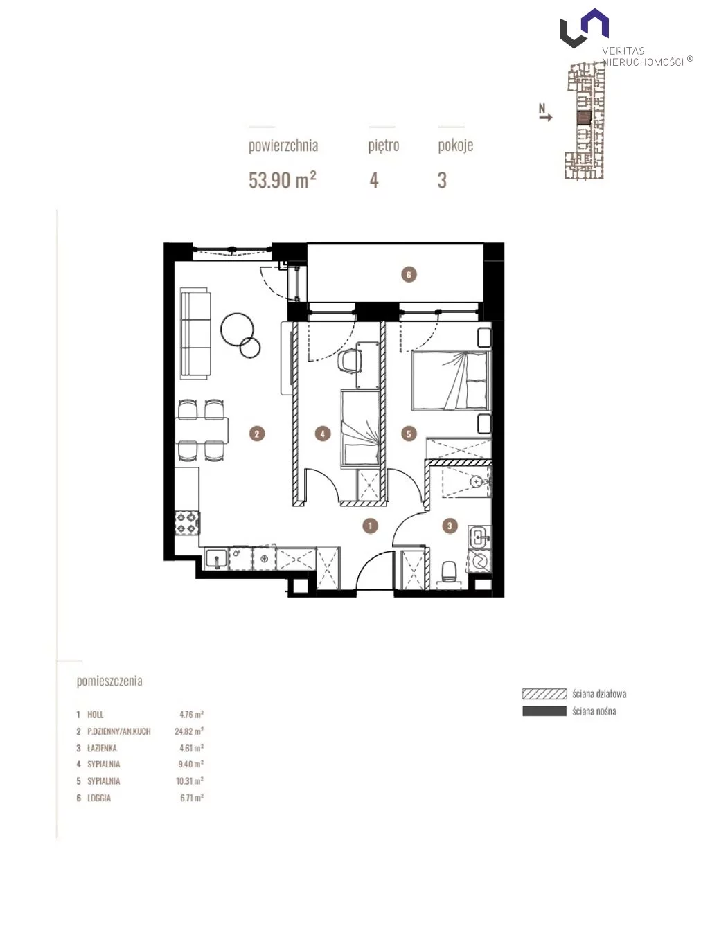 Mieszkanie na sprzedaż, 53,90 m², 3 pokoje, 4 piętro, oferta nr VTS-MS-6909