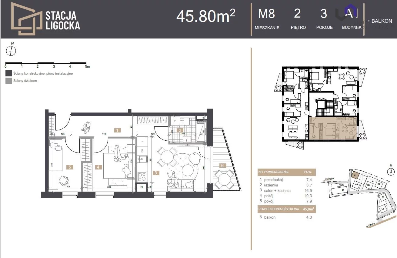 Mieszkanie na sprzedaż, 45,80 m², 3 pokoje, 2 piętro, oferta nr VTS-MS-7026