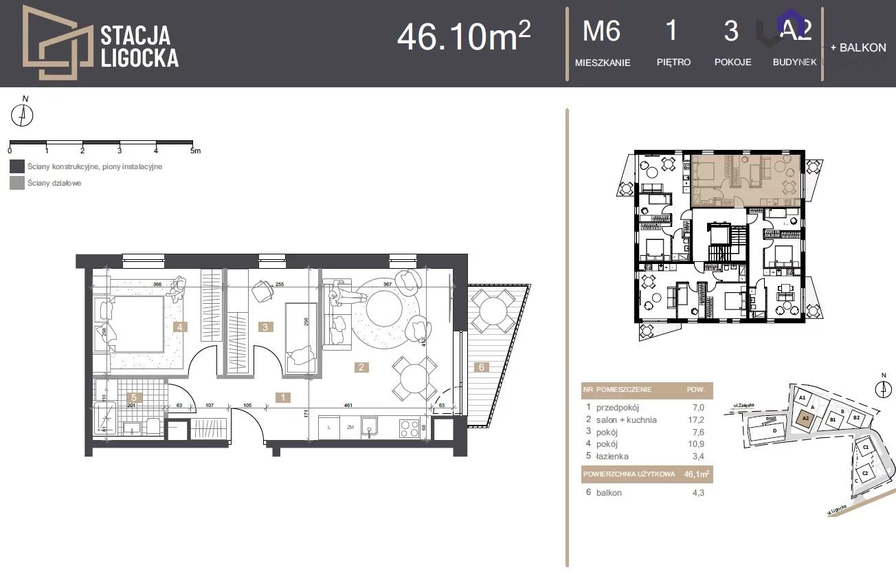 Mieszkanie na sprzedaż, 46,10 m², 3 pokoje, 1 piętro, oferta nr VTS-MS-7029