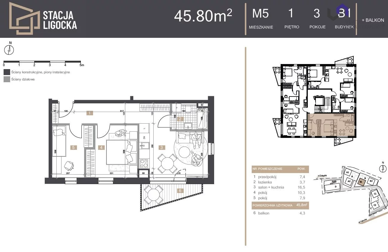 Mieszkanie na sprzedaż, 45,80 m², 3 pokoje, 1 piętro, oferta nr VTS-MS-7033