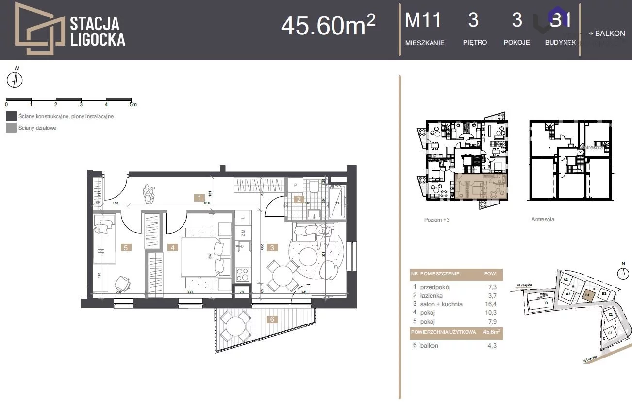 Mieszkanie na sprzedaż, 45,60 m², 3 pokoje, 3 piętro, oferta nr VTS-MS-7035