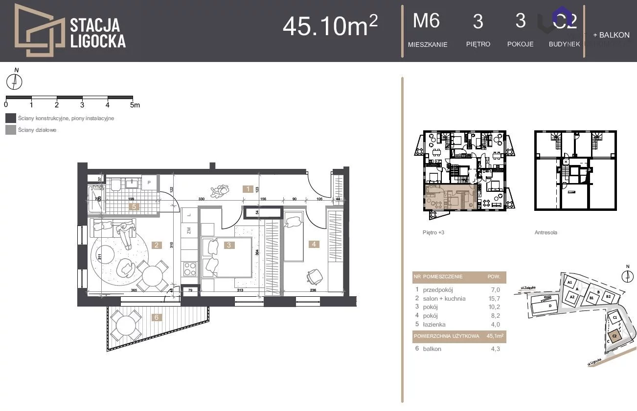 Mieszkanie na sprzedaż, 45,10 m², 3 pokoje, 3 piętro, oferta nr VTS-MS-7054