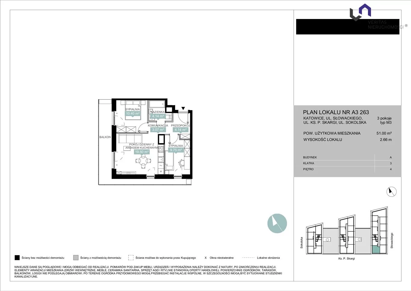 Mieszkanie na sprzedaż, 51,03 m², 3 pokoje, 4 piętro, oferta nr VTS-MS-6946