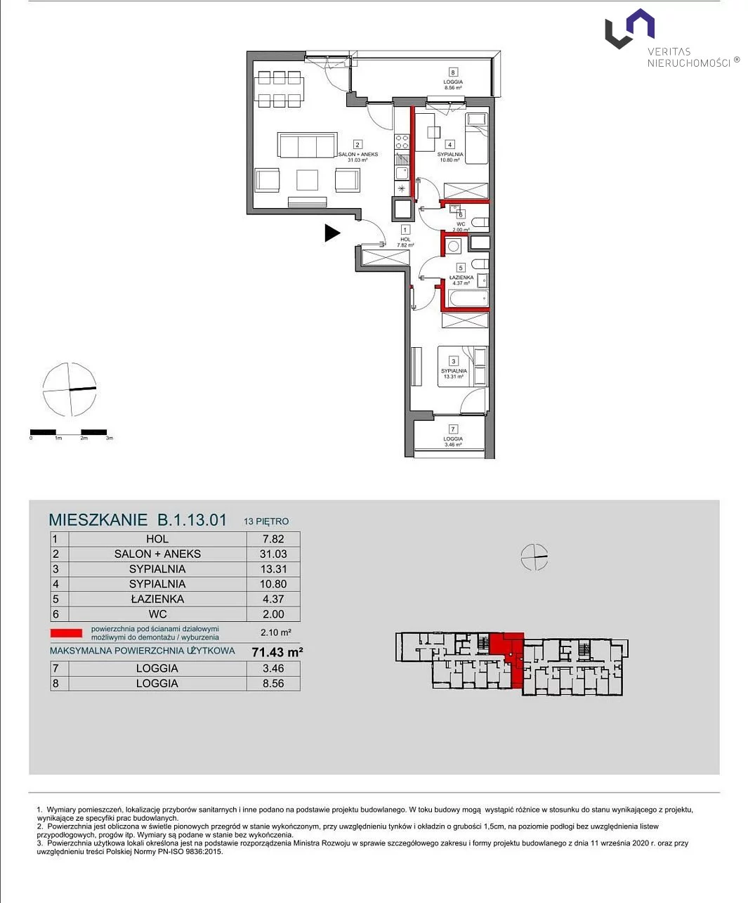 Mieszkanie na sprzedaż, 71,43 m², 3 pokoje, 13 piętro, oferta nr VTS-MS-6739