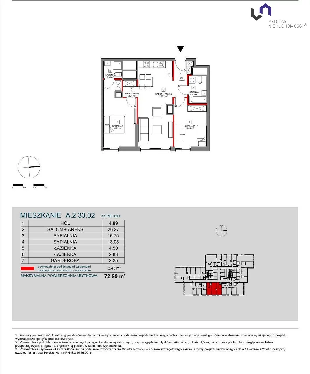 Mieszkanie na sprzedaż, 73,00 m², 3 pokoje, 33 piętro, oferta nr VTS-MS-6740