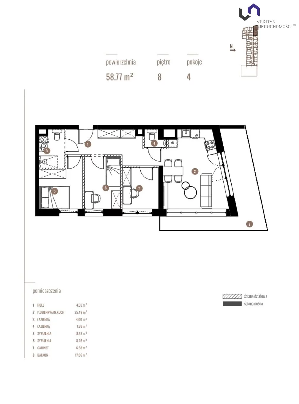 Mieszkanie na sprzedaż, 58,77 m², 4 pokoje, 8 piętro, oferta nr VTS-MS-6910