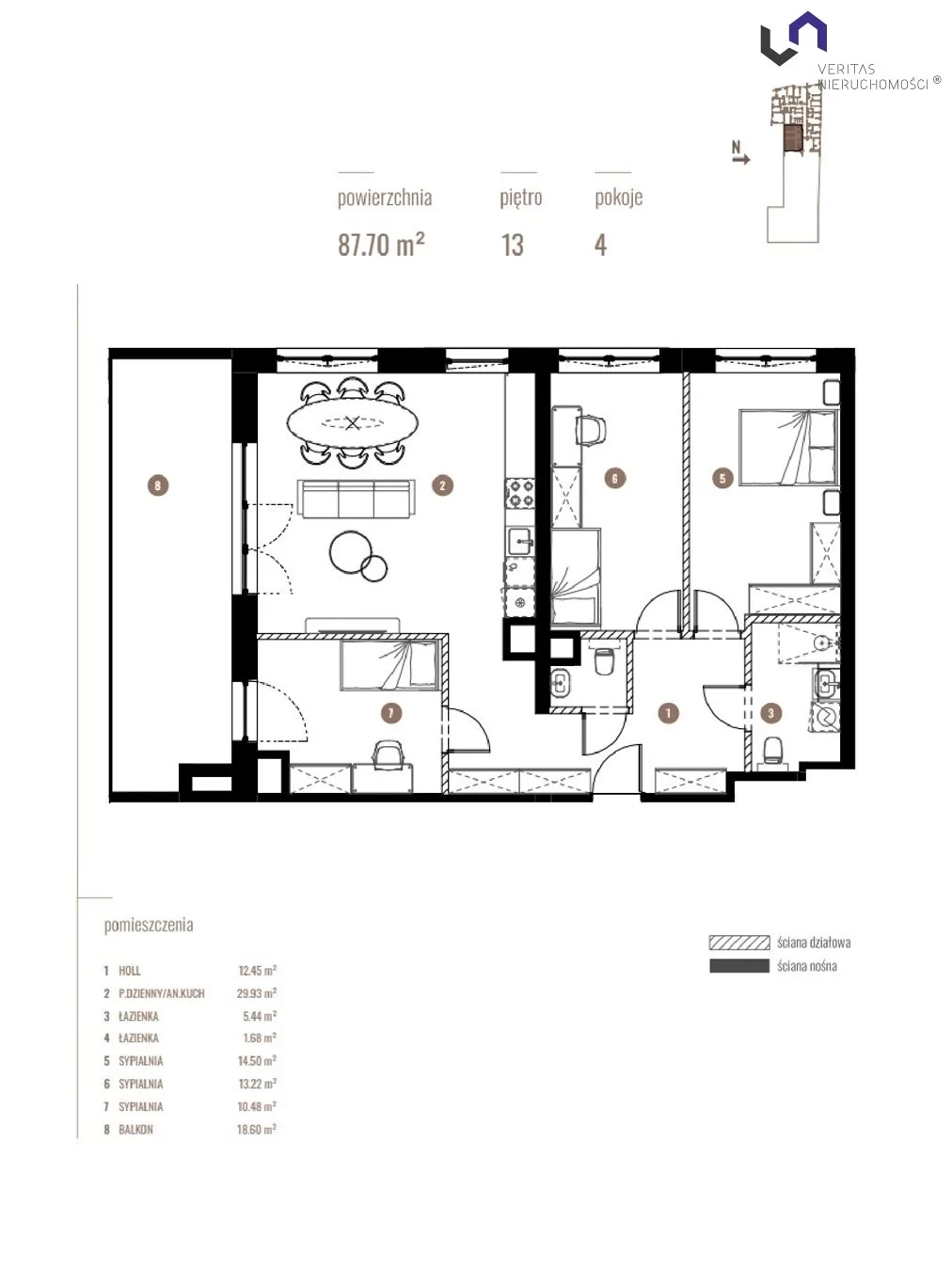 Mieszkanie na sprzedaż, 87,70 m², 4 pokoje, 13 piętro, oferta nr VTS-MS-6916