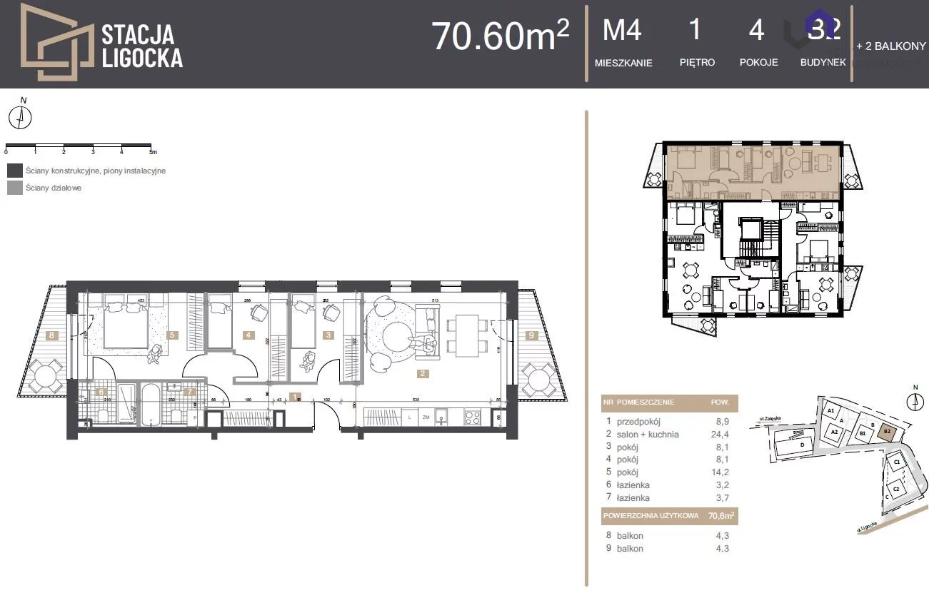 Mieszkanie na sprzedaż, 70,60 m², 4 pokoje, 1 piętro, oferta nr VTS-MS-7039