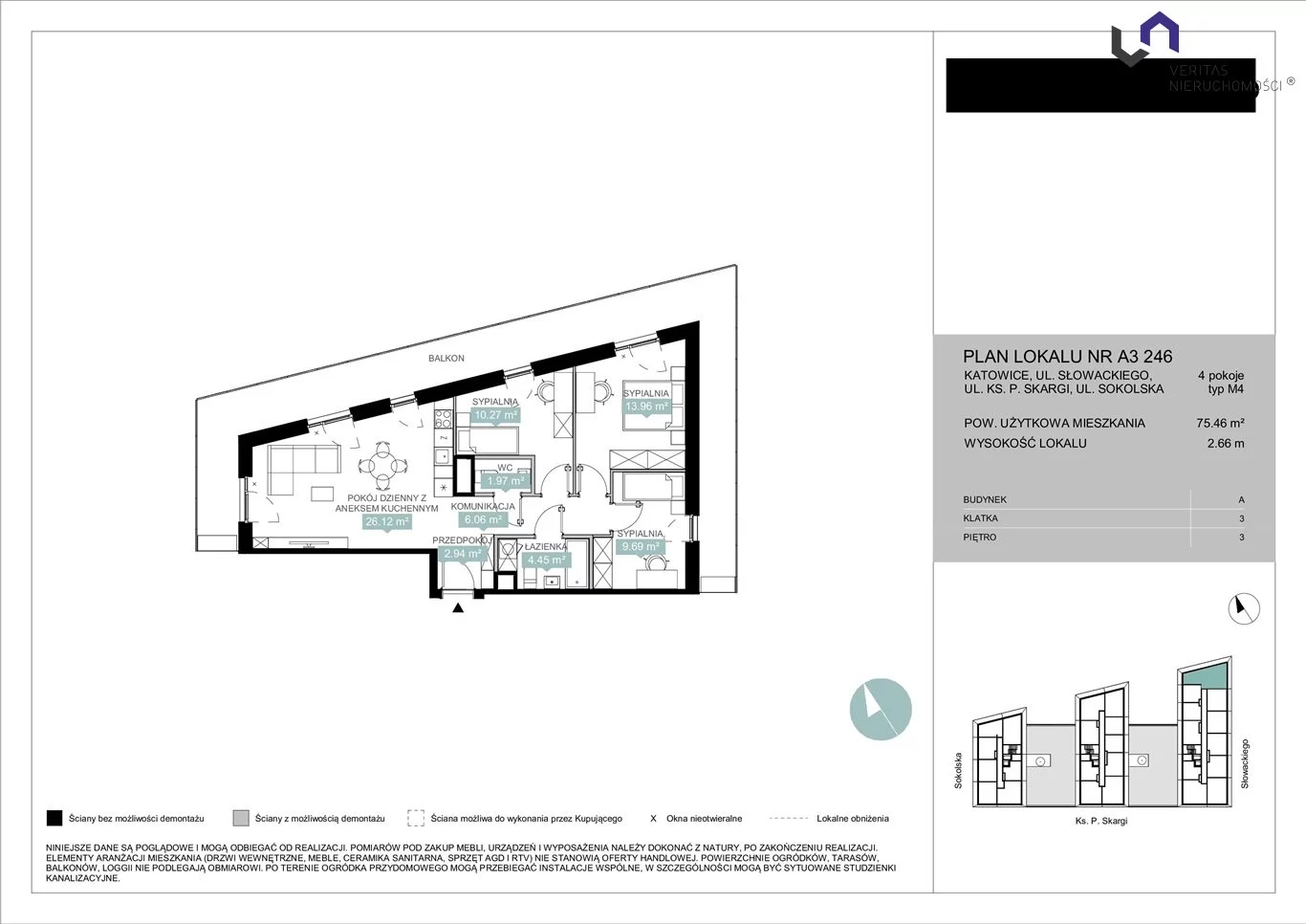 Mieszkanie na sprzedaż, 75,46 m², 4 pokoje, 3 piętro, oferta nr VTS-MS-6948