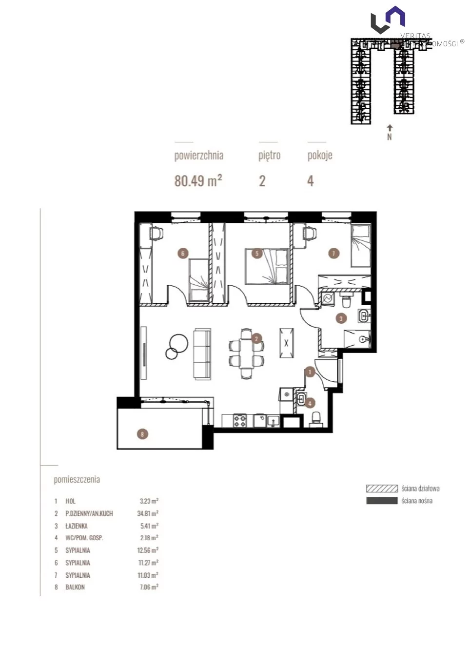 Mieszkanie na sprzedaż, 80,49 m², 4 pokoje, 2 piętro, oferta nr VTS-MS-6932