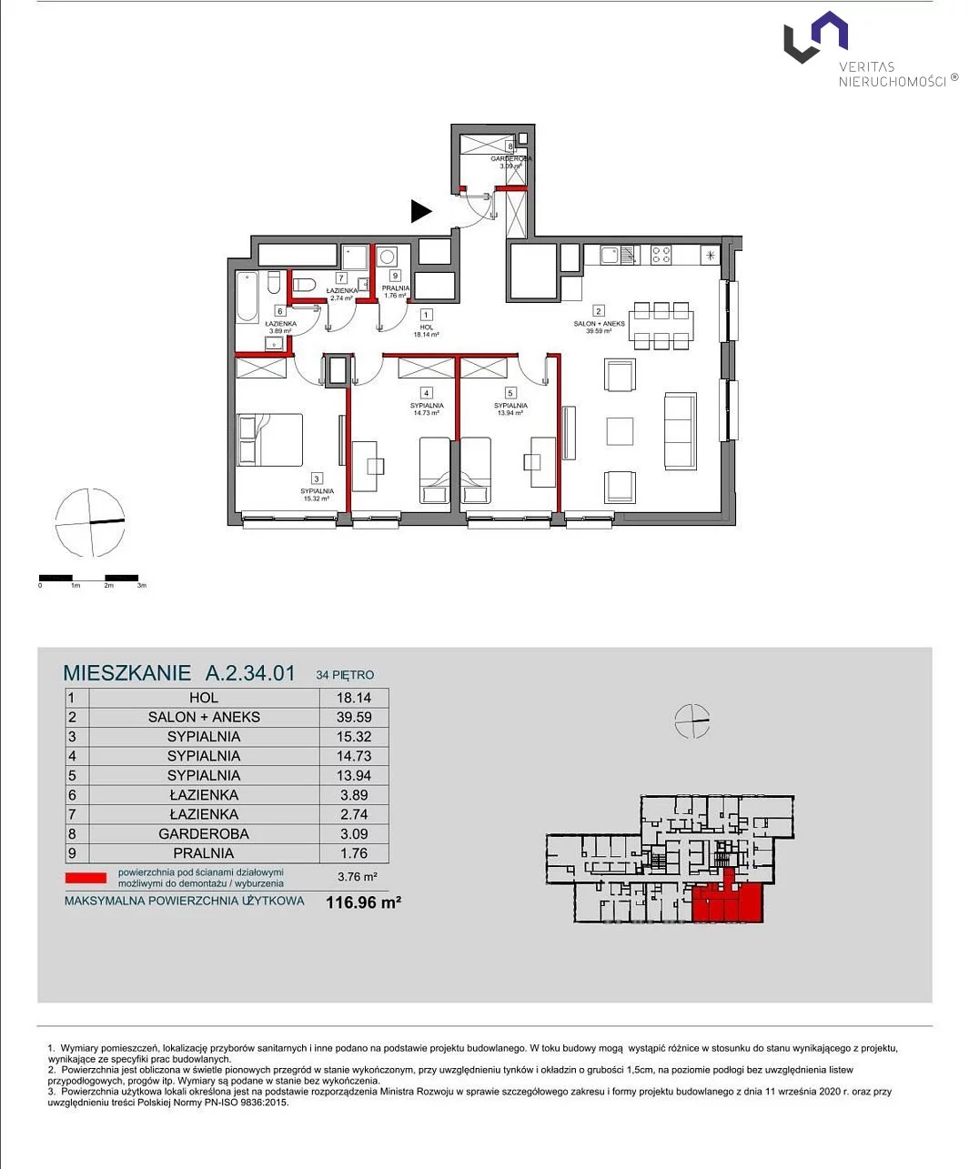 Mieszkanie na sprzedaż, 116,96 m², 4 pokoje, 34 piętro, oferta nr VTS-MS-6751