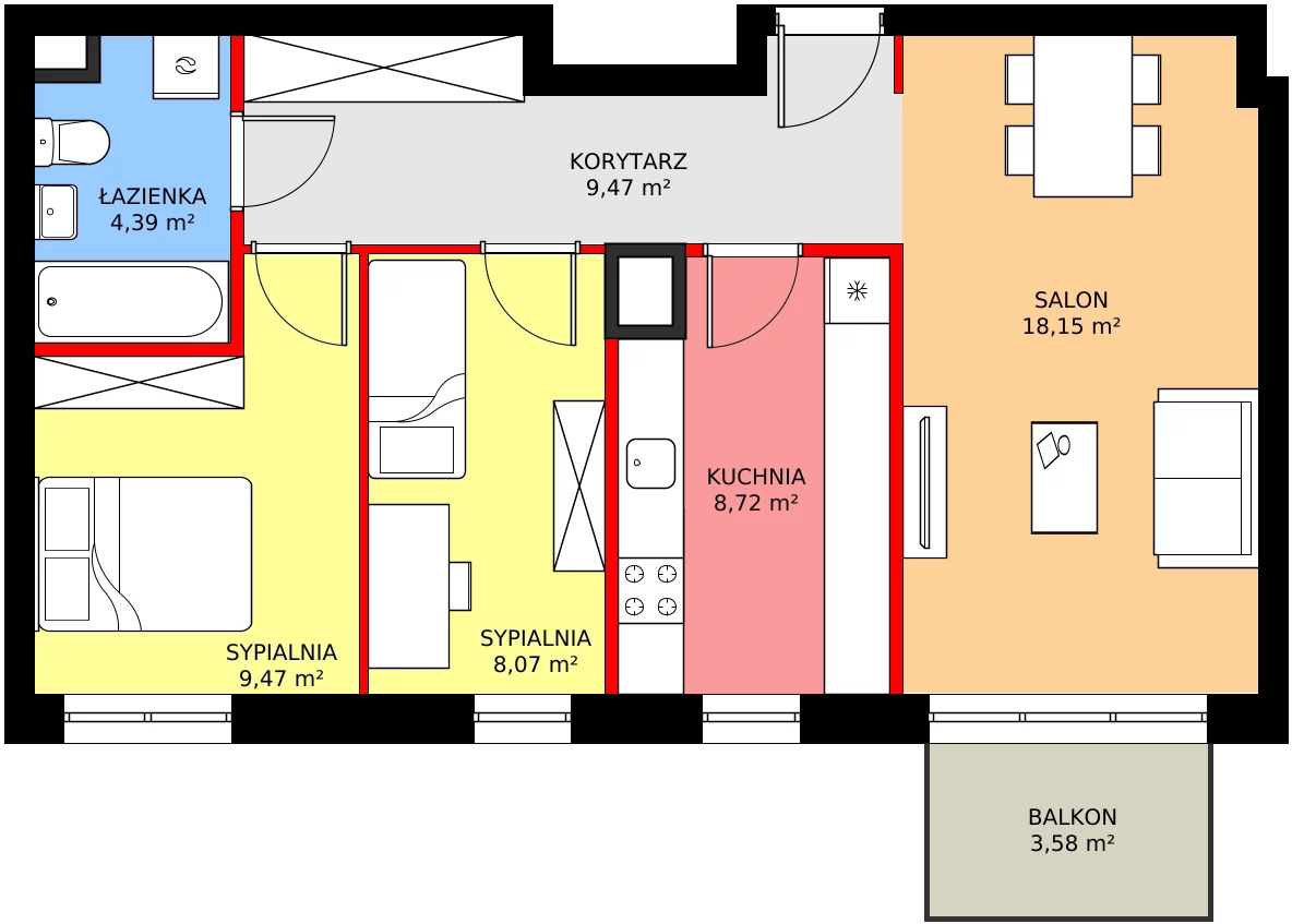 Zalety mieszkania 61.1 m², C1/155