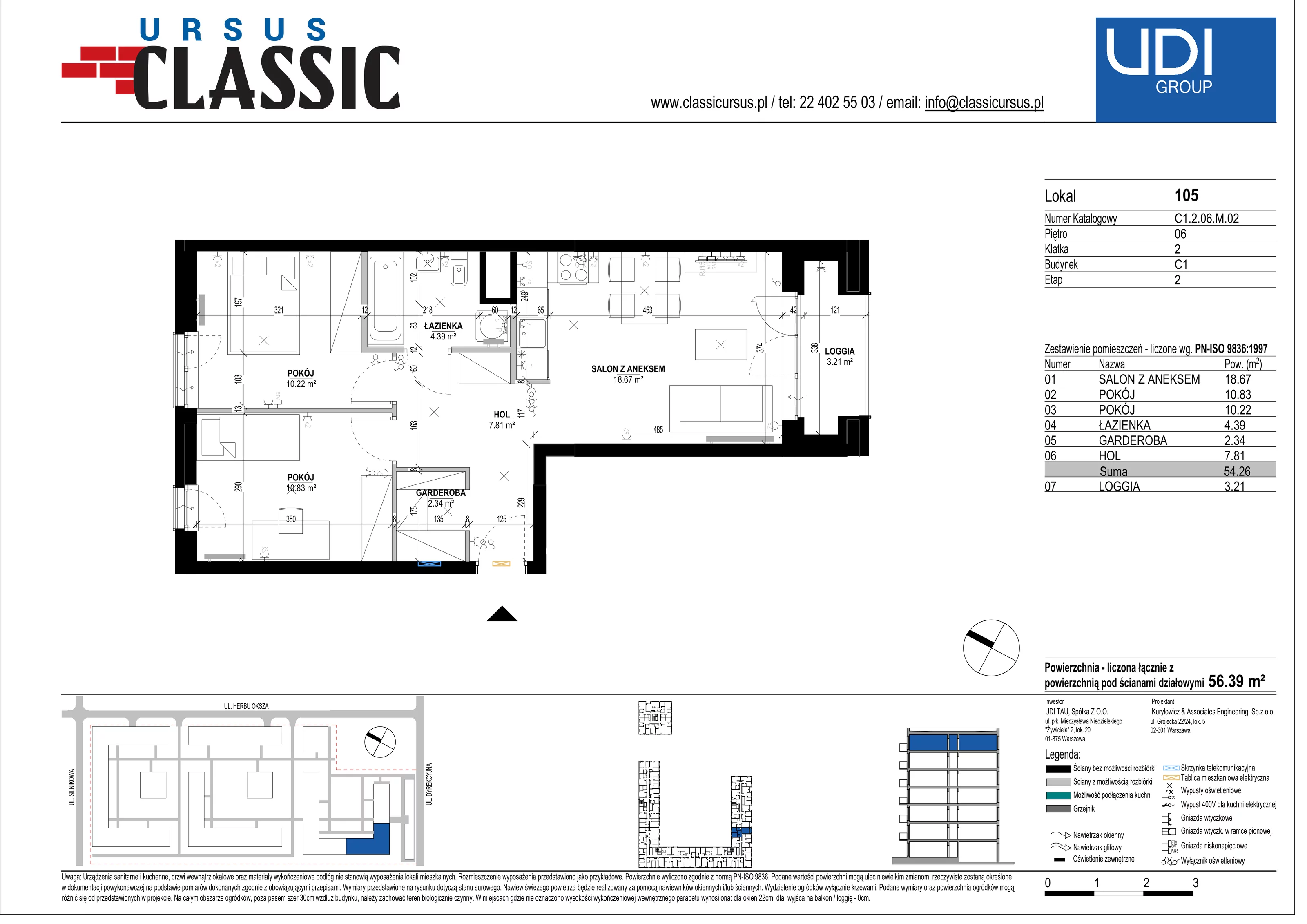 3 pokoje, mieszkanie 56,39 m², piętro 6, oferta nr C1/105, Classic Ursus, Warszawa, Ursus, Szamoty, ul. Dyrekcyjna