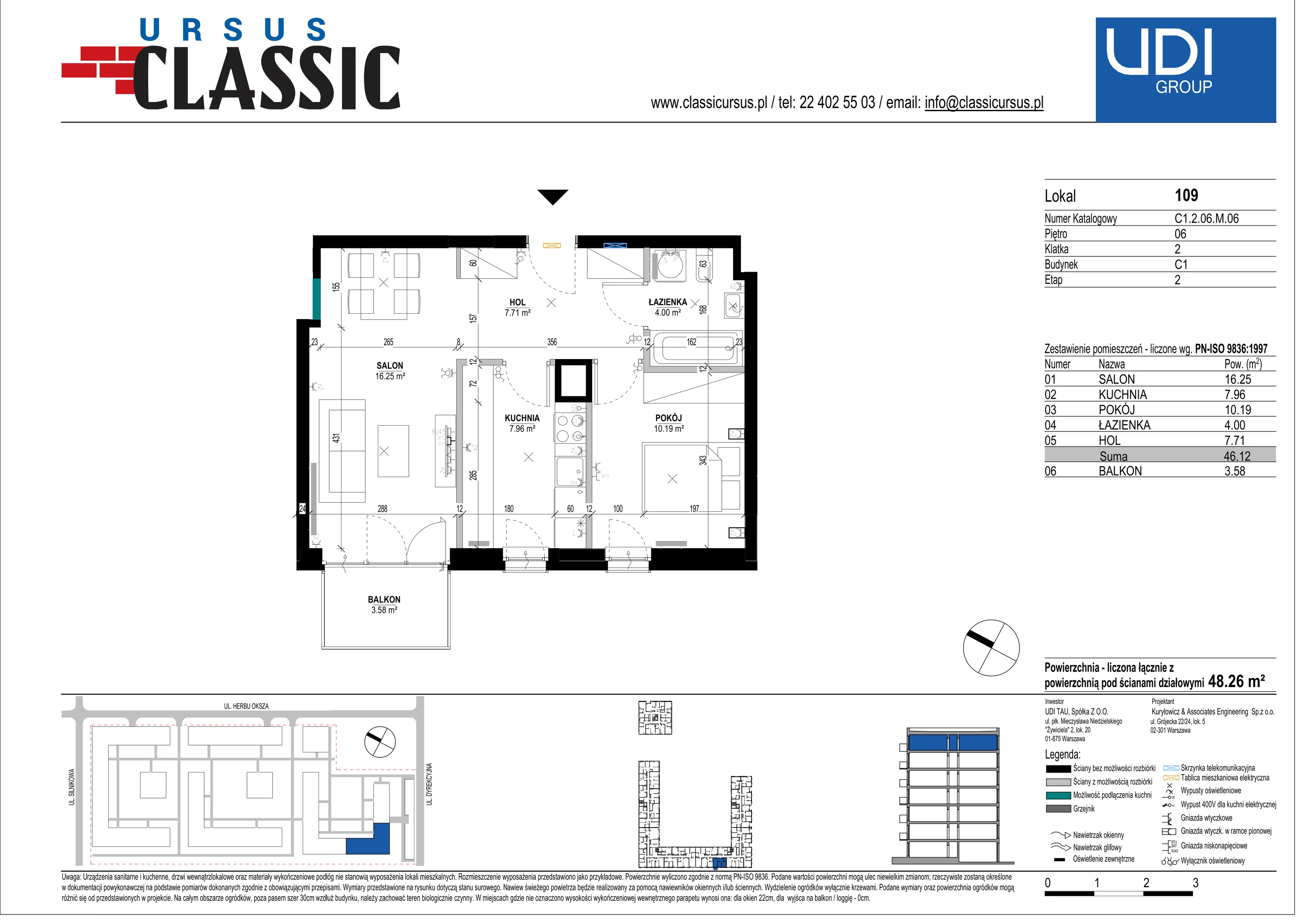 2 pokoje, mieszkanie 48,26 m², piętro 6, oferta nr C1/109, Classic Ursus, Warszawa, Ursus, Szamoty, ul. Dyrekcyjna