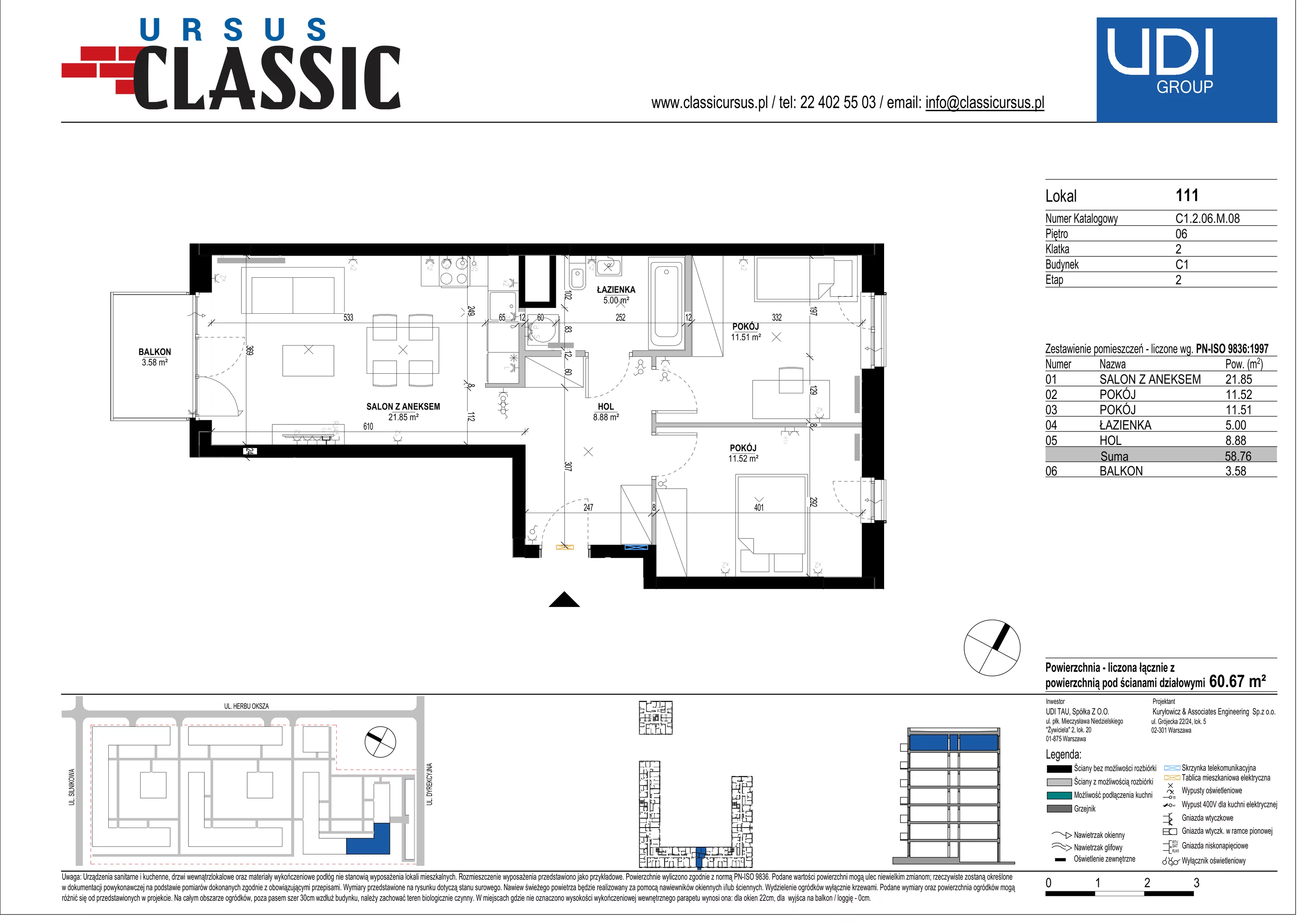3 pokoje, mieszkanie 60,67 m², piętro 6, oferta nr C1/111, Classic Ursus, Warszawa, Ursus, Szamoty, ul. Dyrekcyjna
