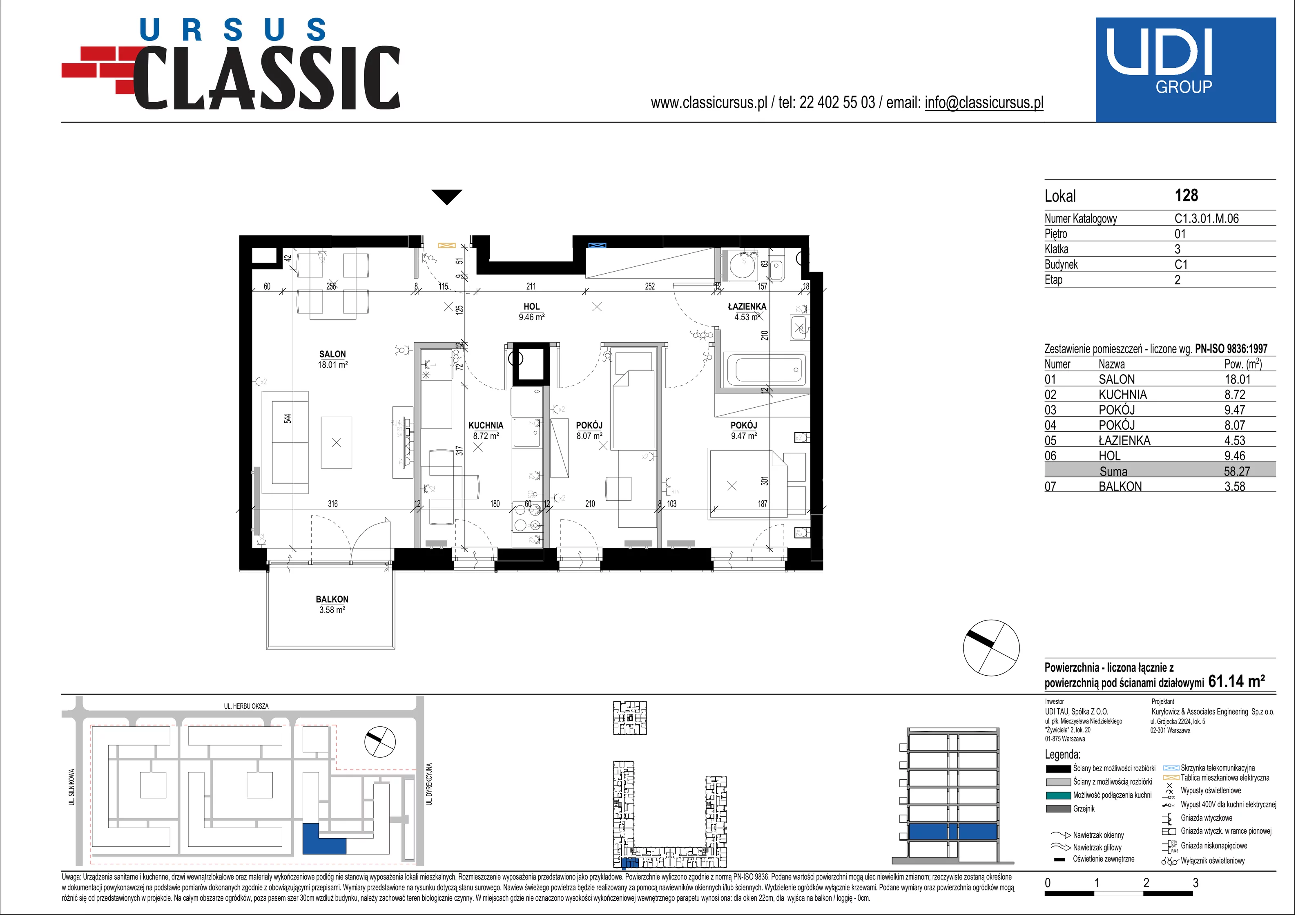 3 pokoje, mieszkanie 61,14 m², piętro 1, oferta nr C1/128, Classic Ursus, Warszawa, Ursus, Szamoty, ul. Dyrekcyjna