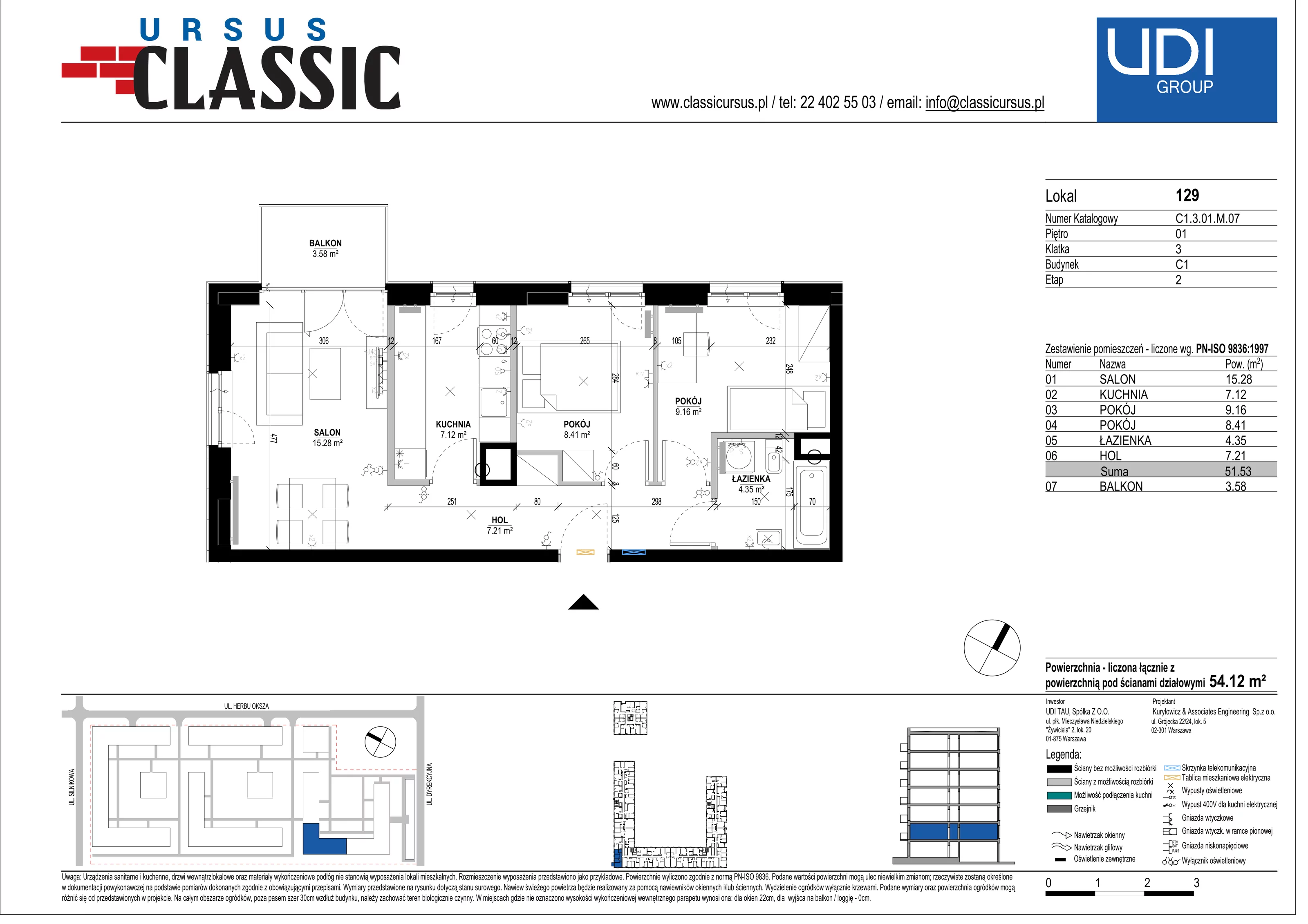 3 pokoje, mieszkanie 54,12 m², piętro 1, oferta nr C1/129, Classic Ursus, Warszawa, Ursus, Szamoty, ul. Dyrekcyjna