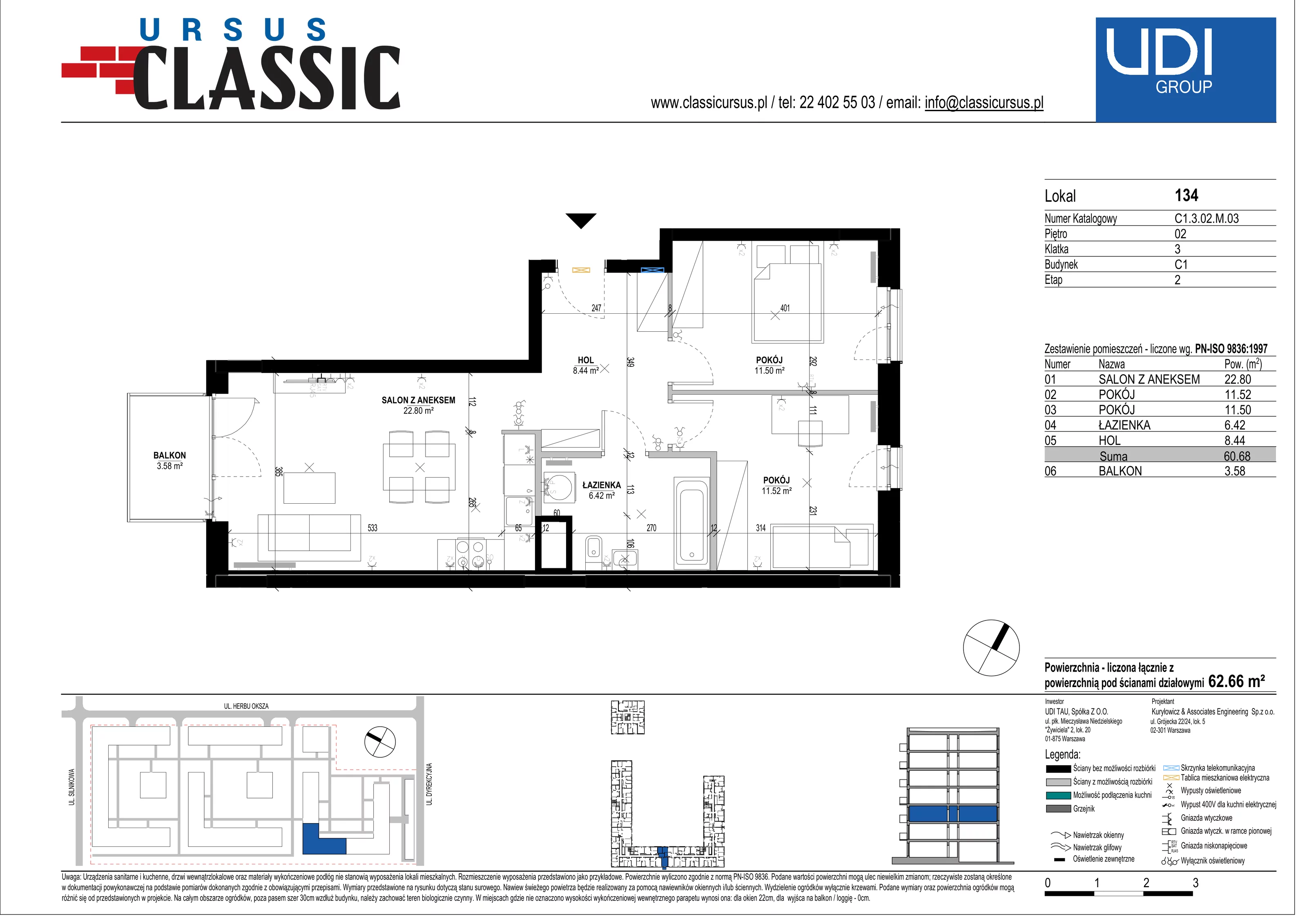 3 pokoje, mieszkanie 62,66 m², piętro 2, oferta nr C1/134, Classic Ursus, Warszawa, Ursus, Szamoty, ul. Dyrekcyjna