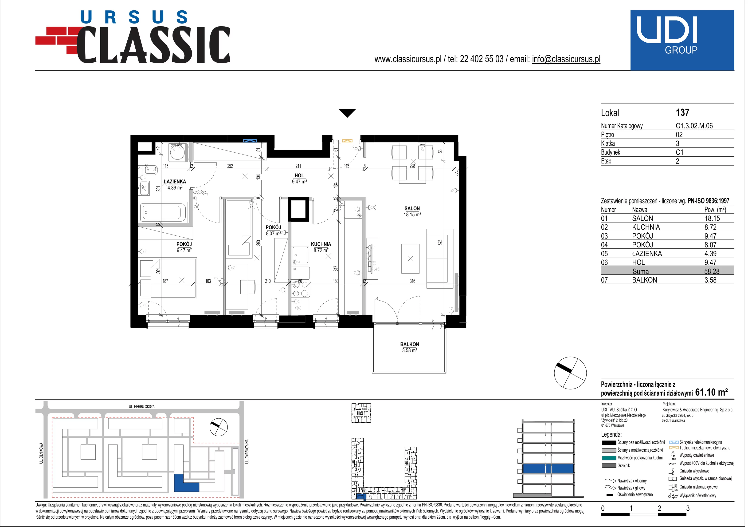 3 pokoje, mieszkanie 61,10 m², piętro 2, oferta nr C1/137, Classic Ursus, Warszawa, Ursus, Szamoty, ul. Dyrekcyjna