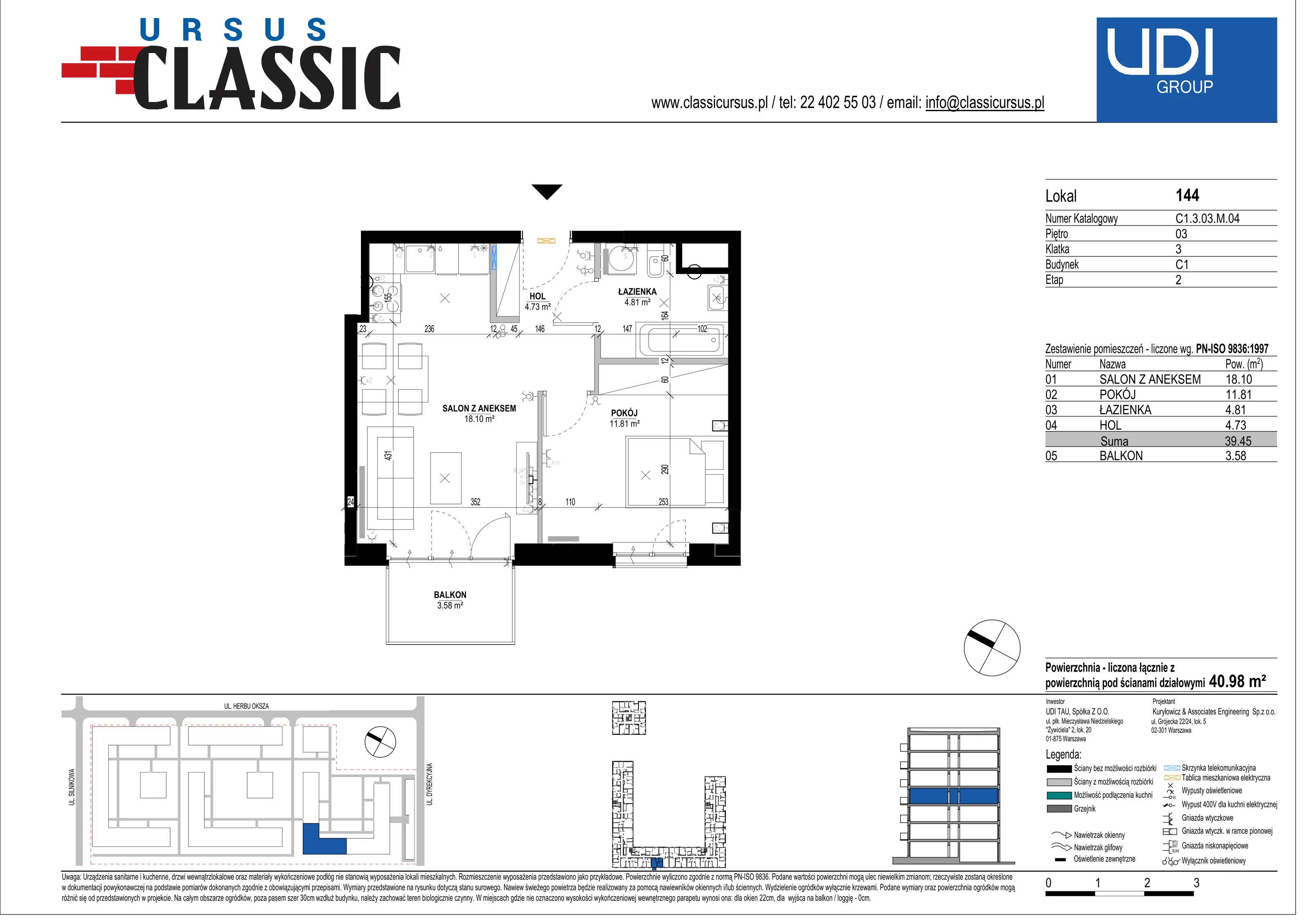2 pokoje, mieszkanie 40,98 m², piętro 3, oferta nr C1/144, Classic Ursus, Warszawa, Ursus, Szamoty, ul. Dyrekcyjna