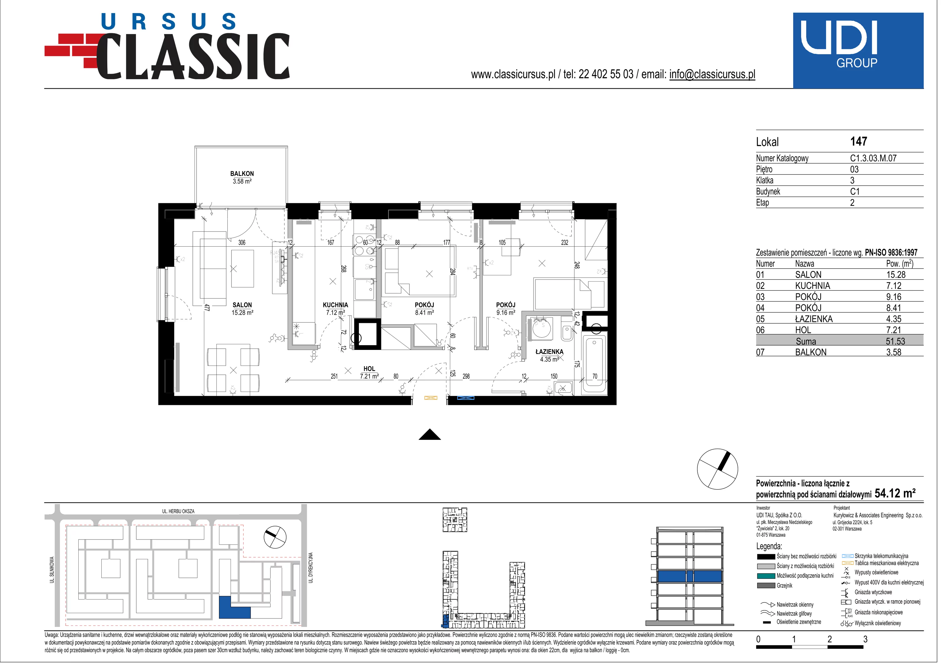 3 pokoje, mieszkanie 54,12 m², piętro 3, oferta nr C1/147, Classic Ursus, Warszawa, Ursus, Szamoty, ul. Dyrekcyjna