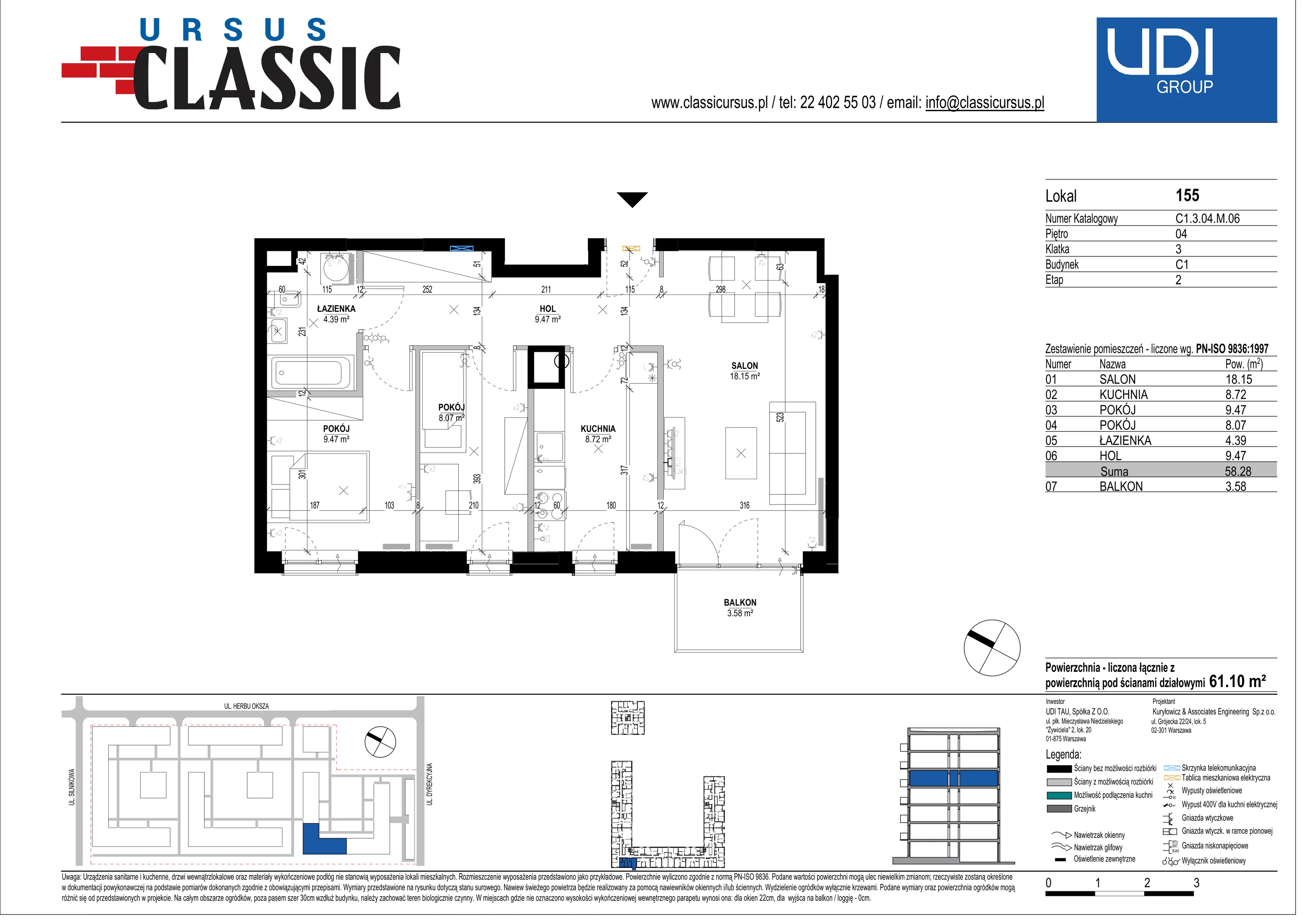 3 pokoje, mieszkanie 61,10 m², piętro 4, oferta nr C1/155, Classic Ursus, Warszawa, Ursus, Szamoty, ul. Dyrekcyjna