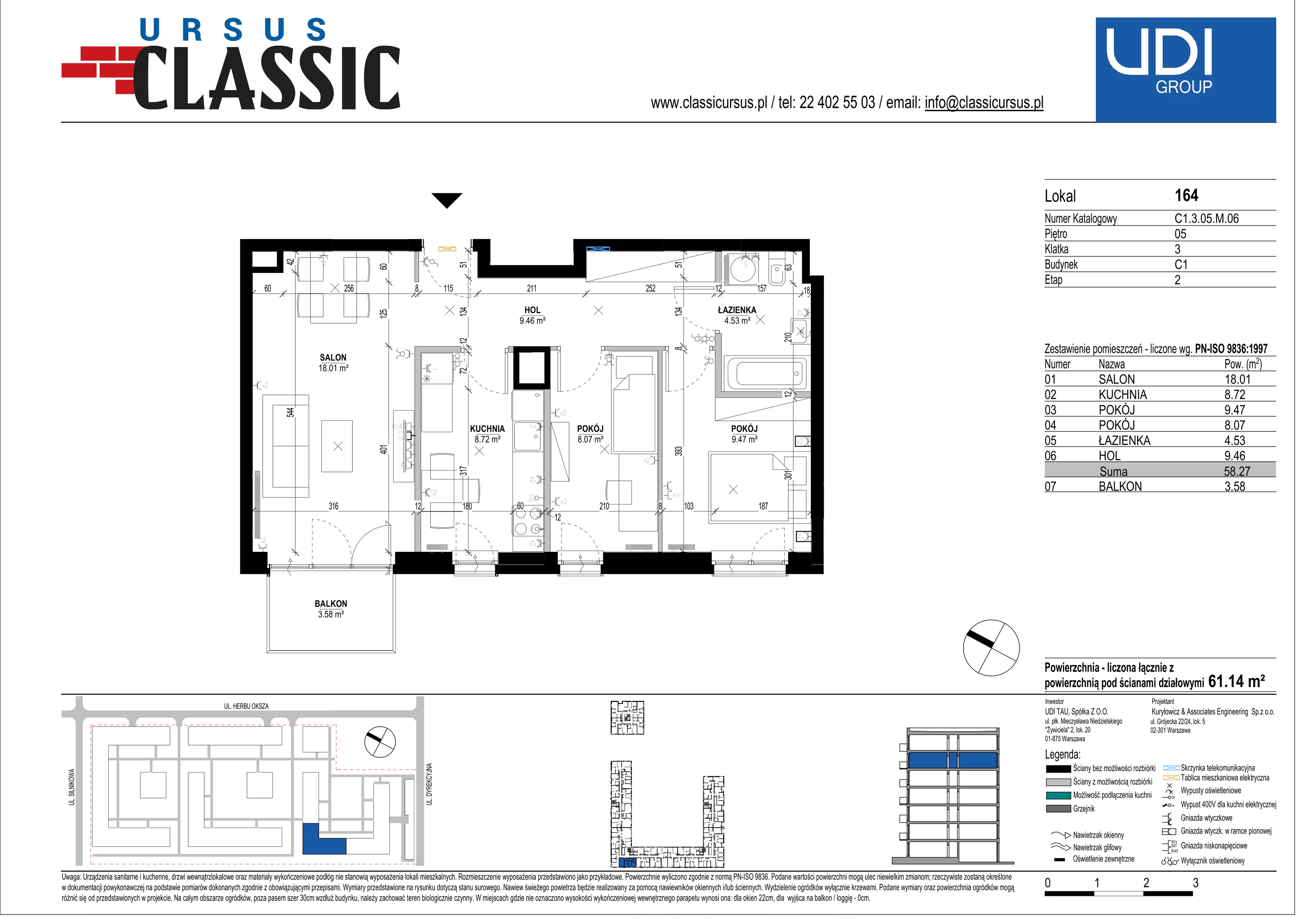 3 pokoje, mieszkanie 61,14 m², piętro 5, oferta nr C1/164, Classic Ursus, Warszawa, Ursus, Szamoty, ul. Dyrekcyjna
