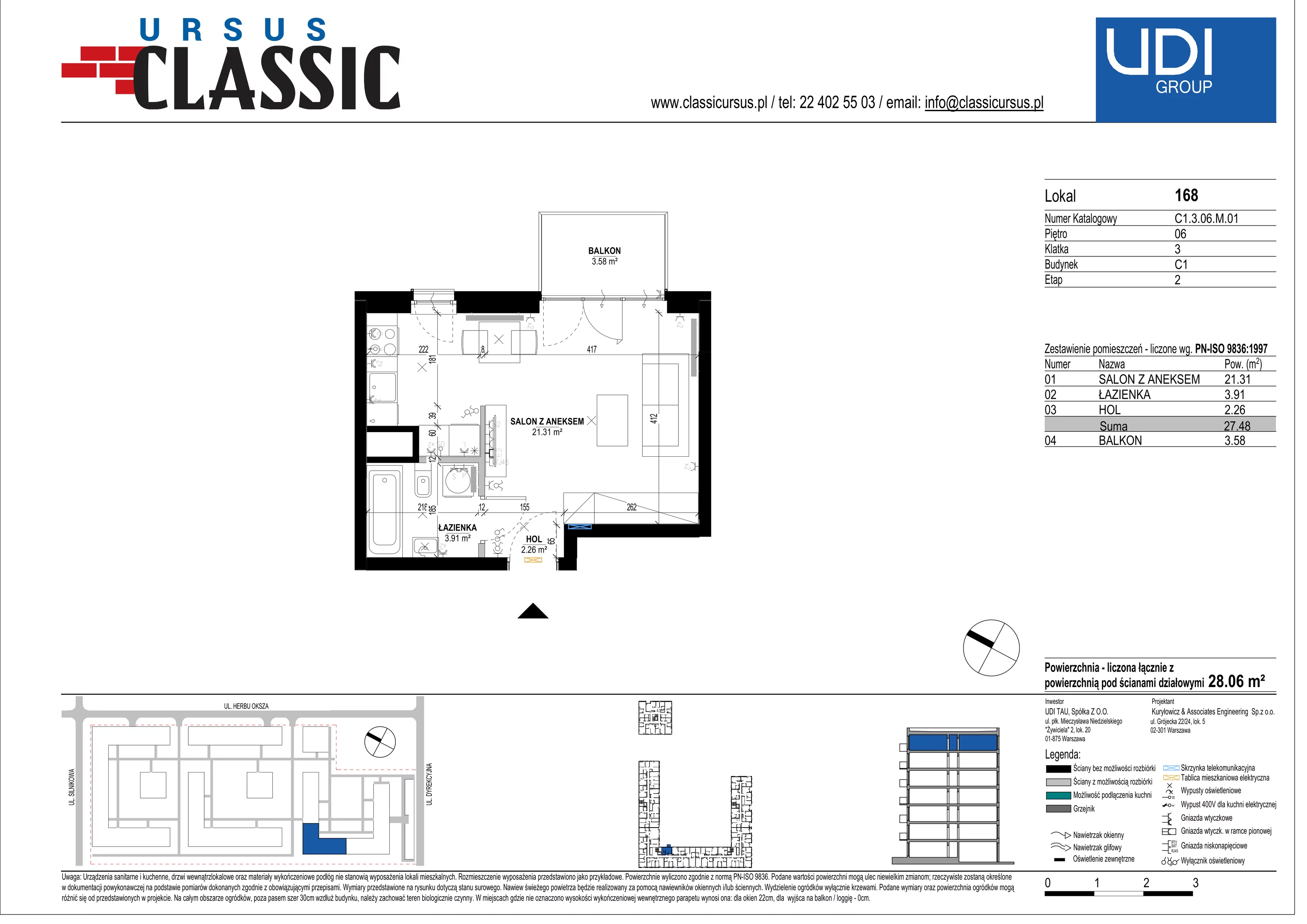 1 pokój, mieszkanie 28,09 m², piętro 6, oferta nr C1/168, Classic Ursus, Warszawa, Ursus, Szamoty, ul. Dyrekcyjna