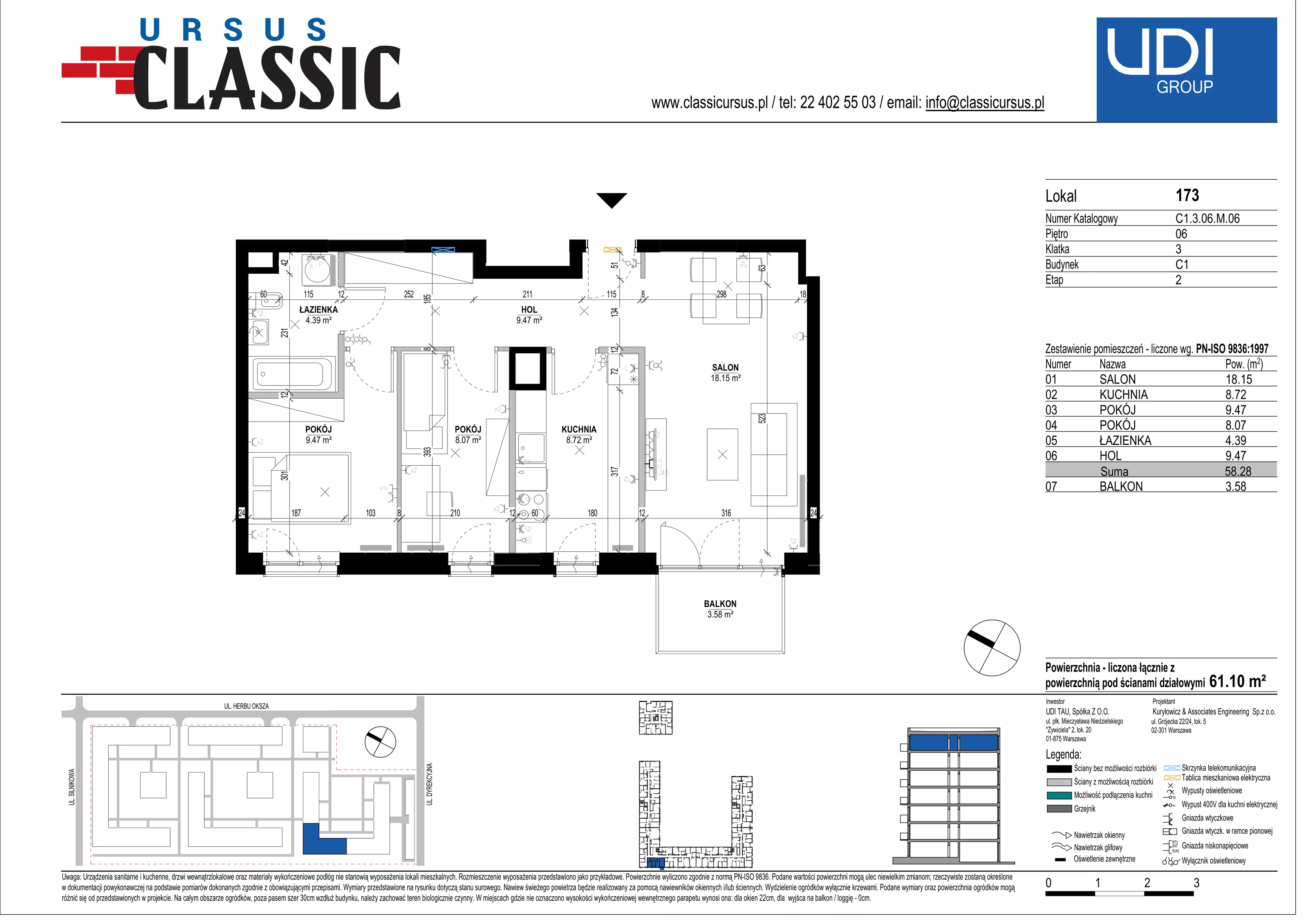 3 pokoje, mieszkanie 61,10 m², piętro 6, oferta nr C1/173, Classic Ursus, Warszawa, Ursus, Szamoty, ul. Dyrekcyjna