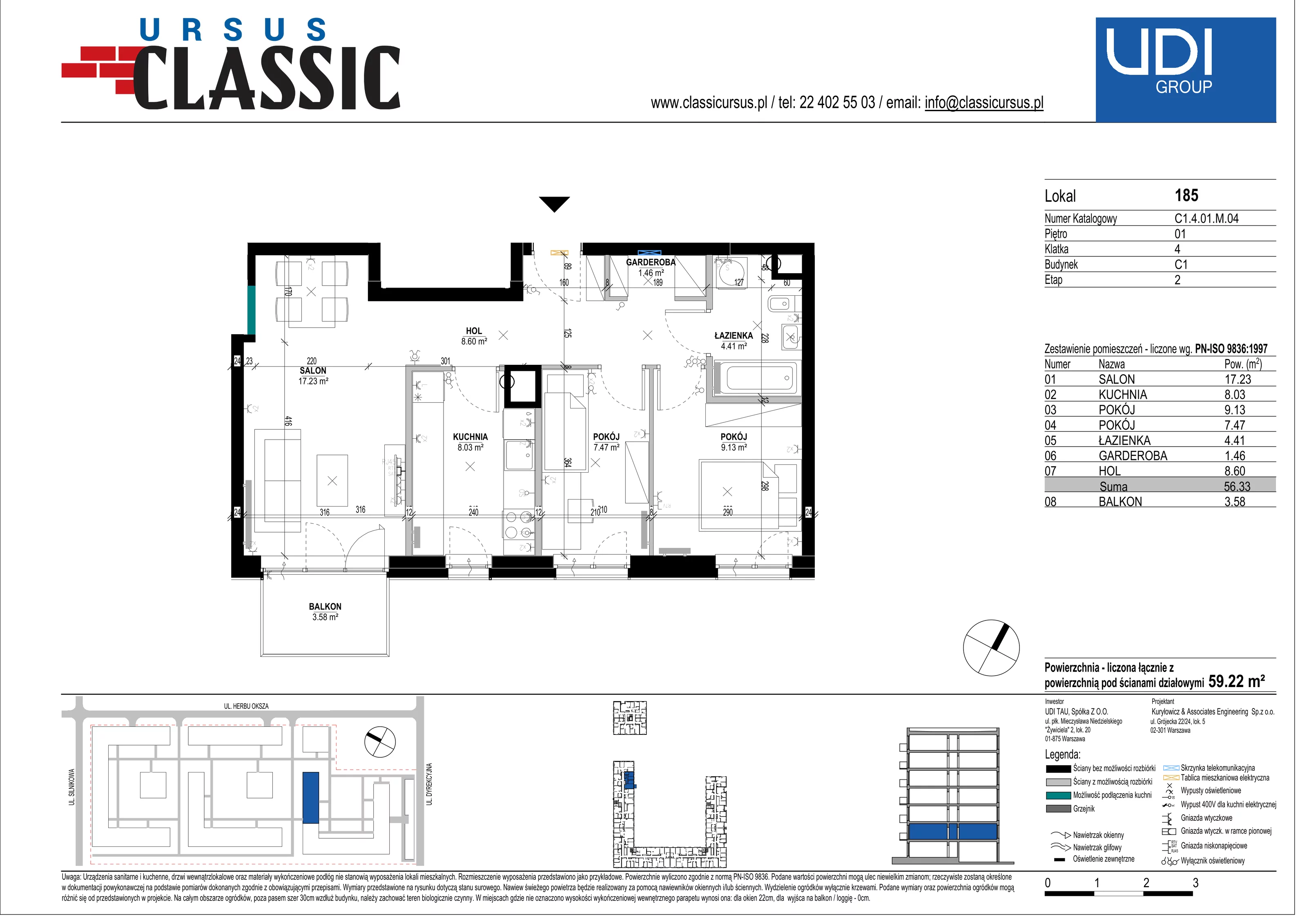 3 pokoje, mieszkanie 59,22 m², piętro 1, oferta nr C1/185, Classic Ursus, Warszawa, Ursus, Szamoty, ul. Dyrekcyjna