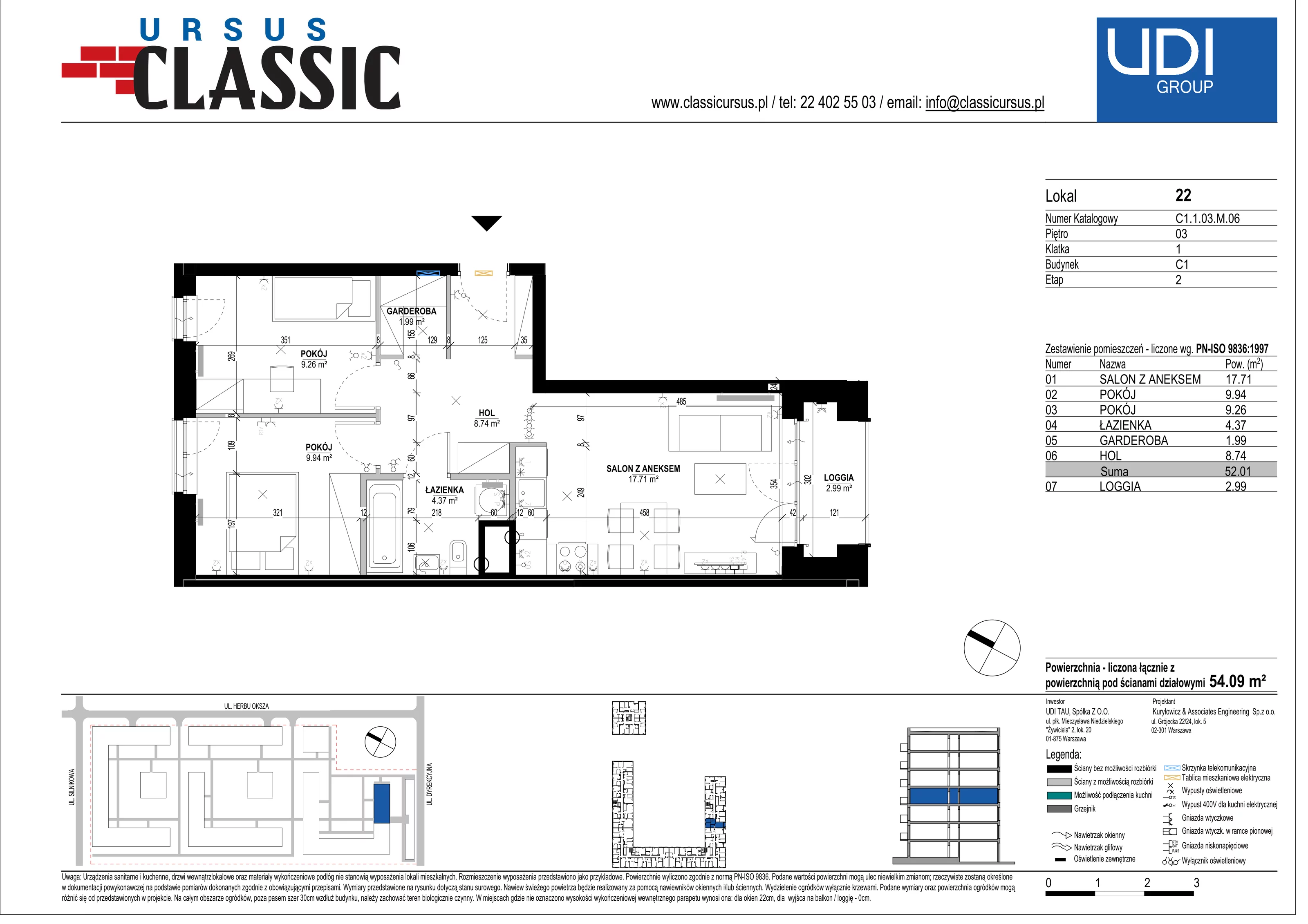 3 pokoje, mieszkanie 54,09 m², piętro 3, oferta nr C1/22, Classic Ursus, Warszawa, Ursus, Szamoty, ul. Dyrekcyjna