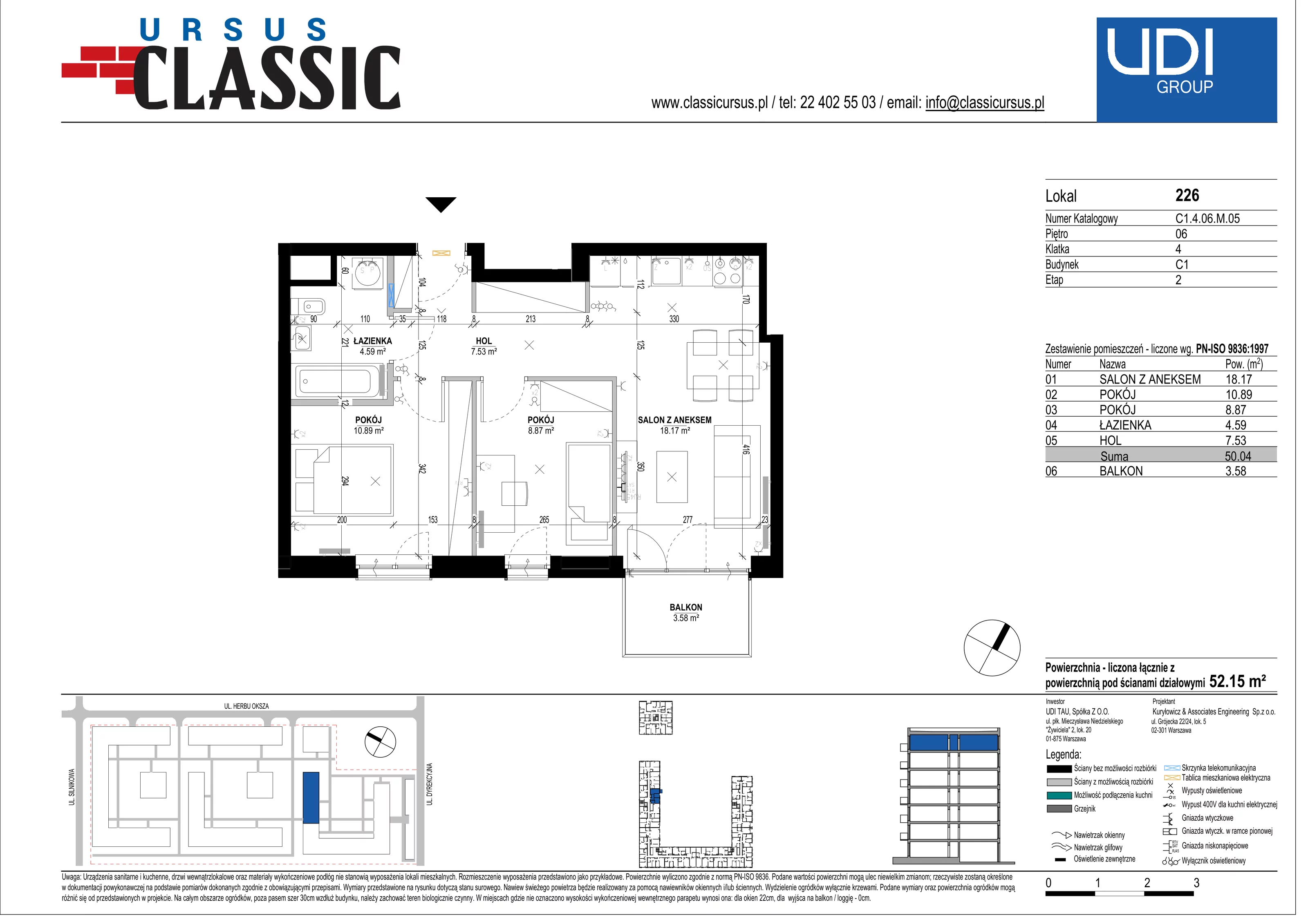 3 pokoje, mieszkanie 52,15 m², piętro 6, oferta nr C1/226, Classic Ursus, Warszawa, Ursus, Szamoty, ul. Dyrekcyjna
