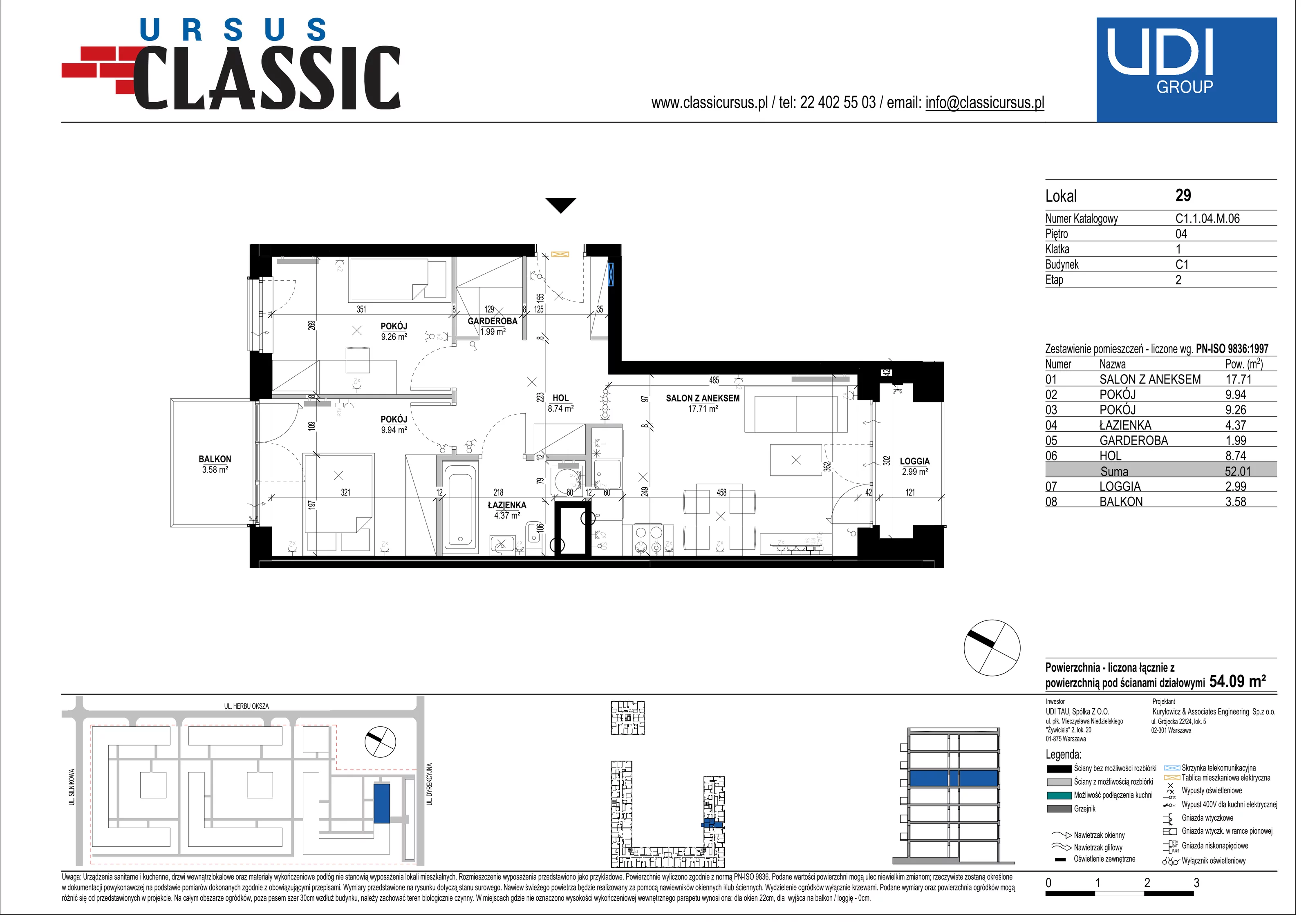 3 pokoje, mieszkanie 54,09 m², piętro 4, oferta nr C1/29, Classic Ursus, Warszawa, Ursus, Szamoty, ul. Dyrekcyjna