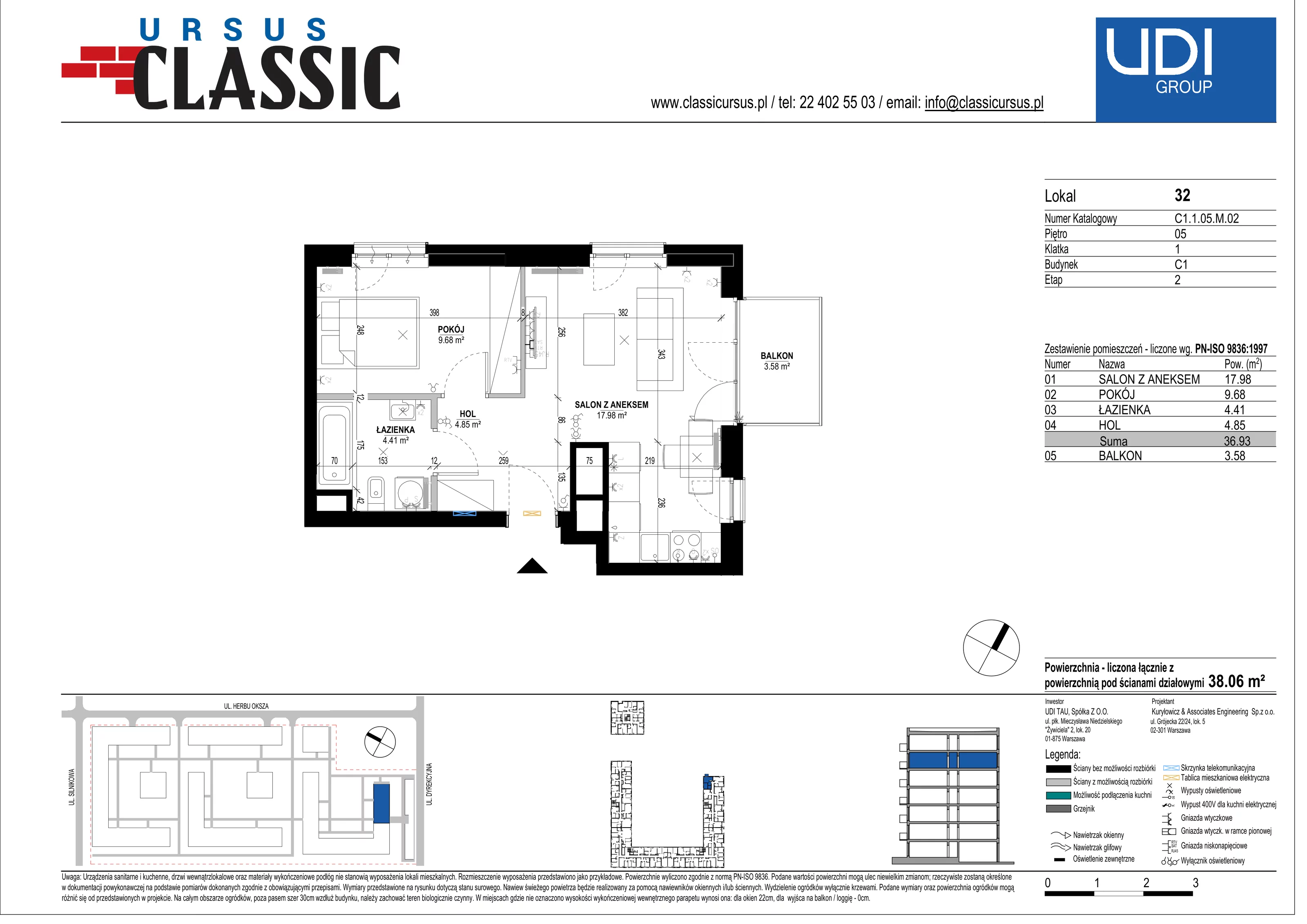 2 pokoje, mieszkanie 38,06 m², piętro 5, oferta nr C1/32, Classic Ursus, Warszawa, Ursus, Szamoty, ul. Dyrekcyjna