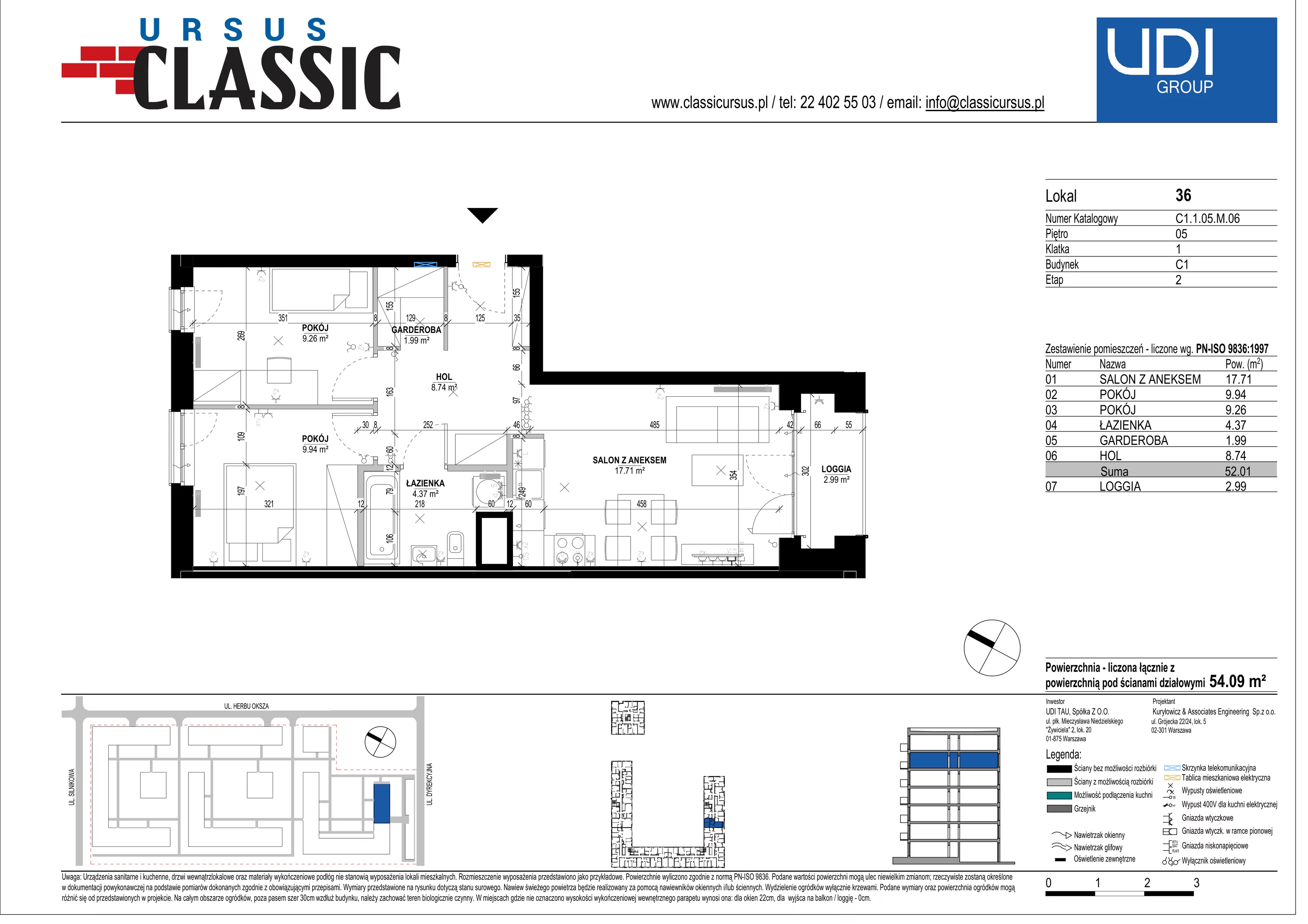 3 pokoje, mieszkanie 54,09 m², piętro 5, oferta nr C1/36, Classic Ursus, Warszawa, Ursus, Szamoty, ul. Dyrekcyjna